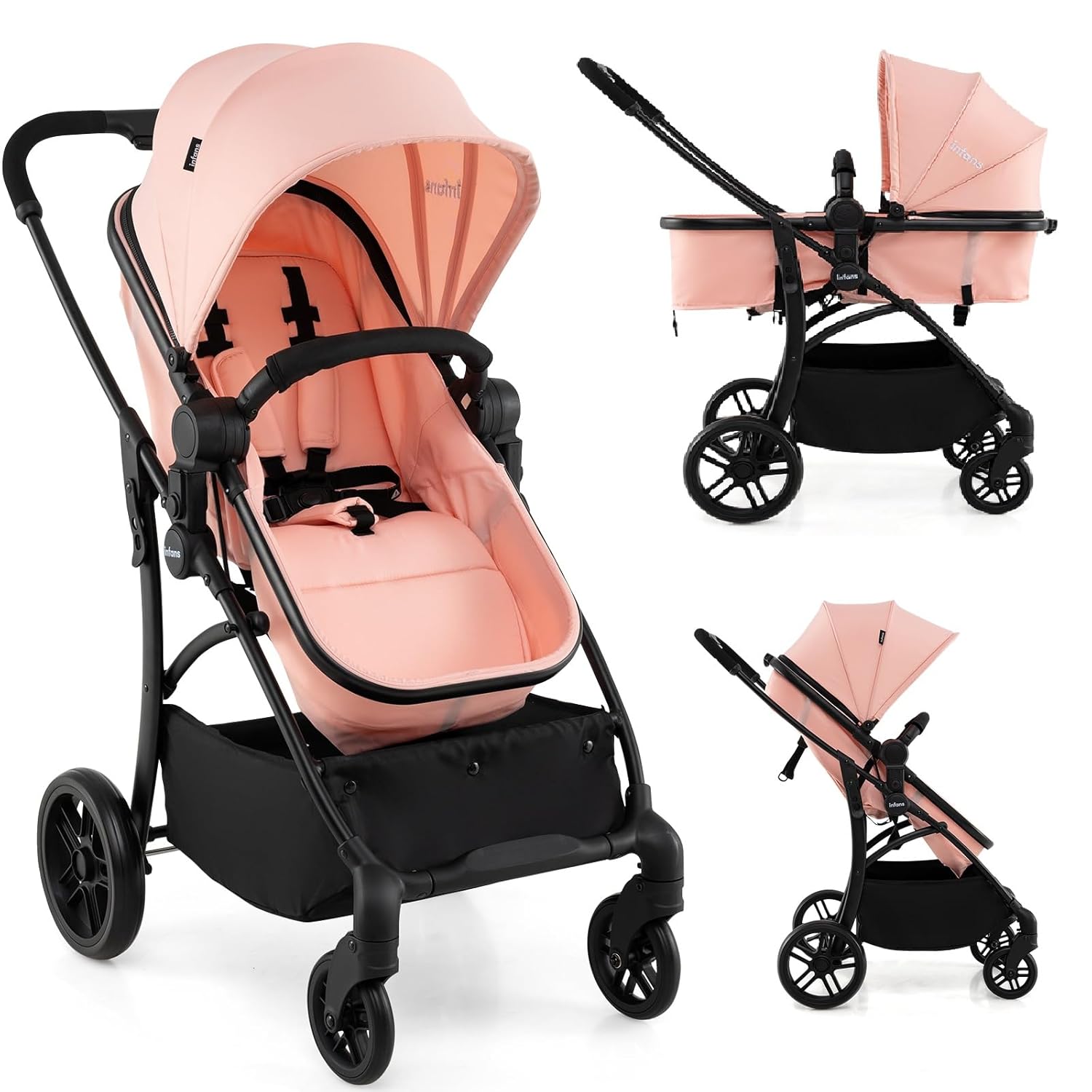 INFANS 2 in 1 Baby Stroller, Convertible Stroller with Bassinet Reversible Seat Adjustable Backrest Canopy One Hand Fold, Compact Toddler Pushchair for Kids Infants Newborns 0-36 Months