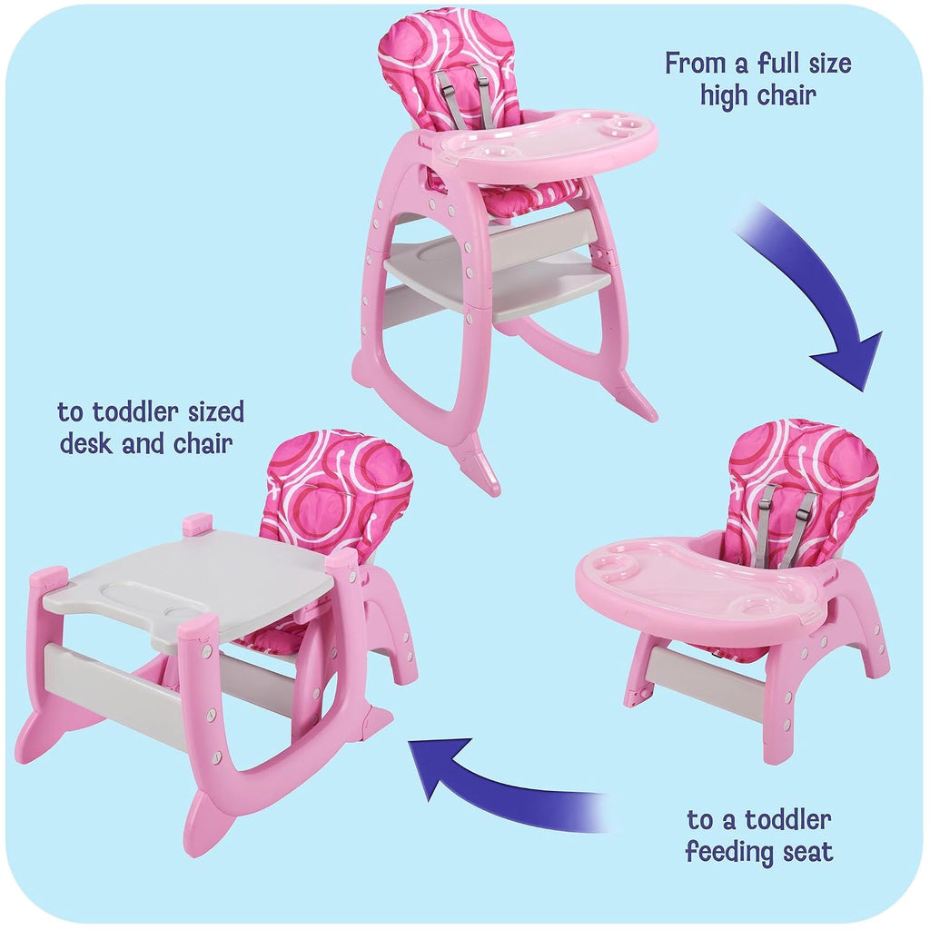 Badger Basket Envee II Convertible Baby High Chair – Infant Feeding Seat, Booster, and Toddler Desk with Tray and Cushion – Pink/White