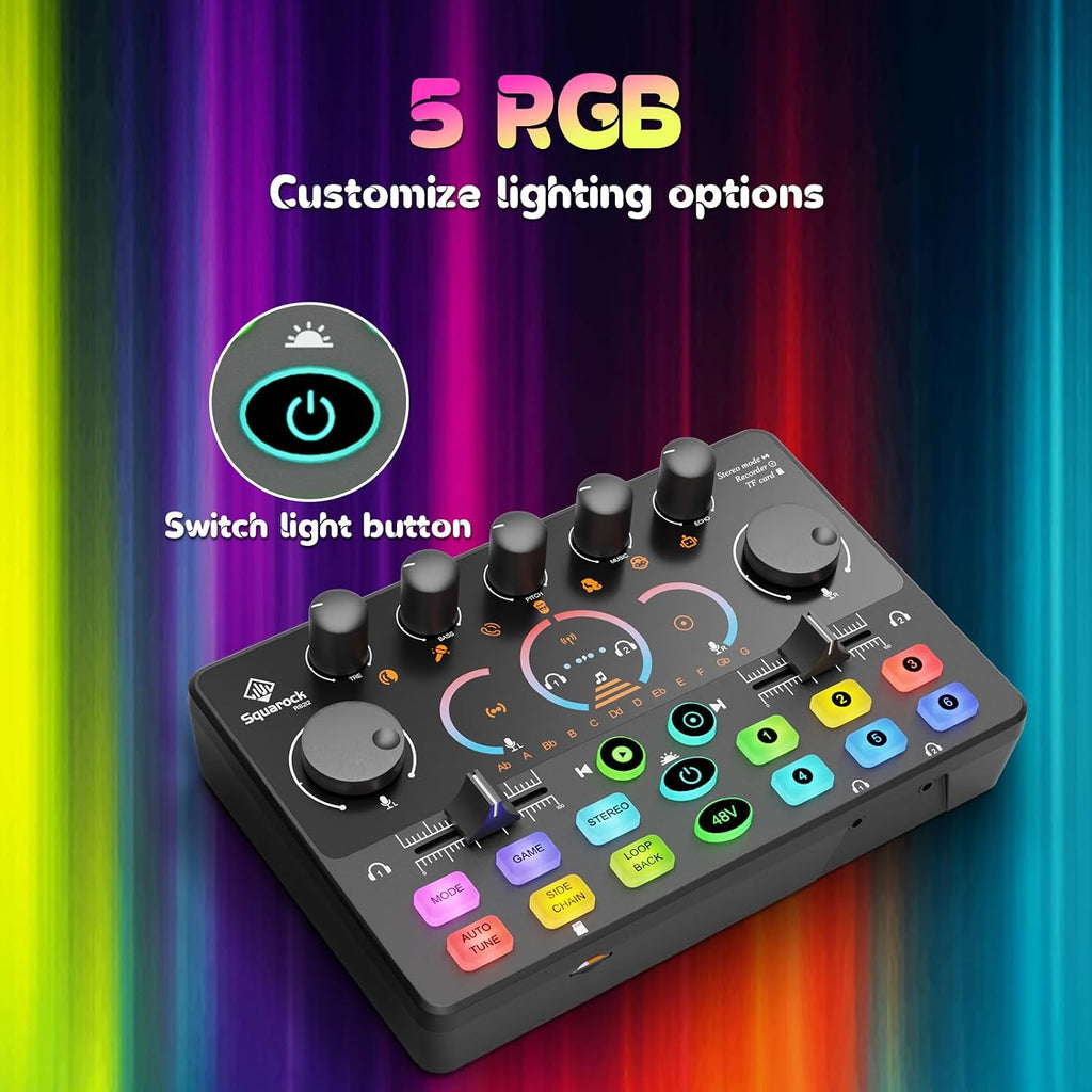 Podcast Equipment Bundle, Mixer with 48V XLR Condenser Microphone, TF Card,5RGB,Surround Sound,Suitable for Streaming/TikTok/YouTube, Compatible with Mobile Phones, PC,Camera RS2