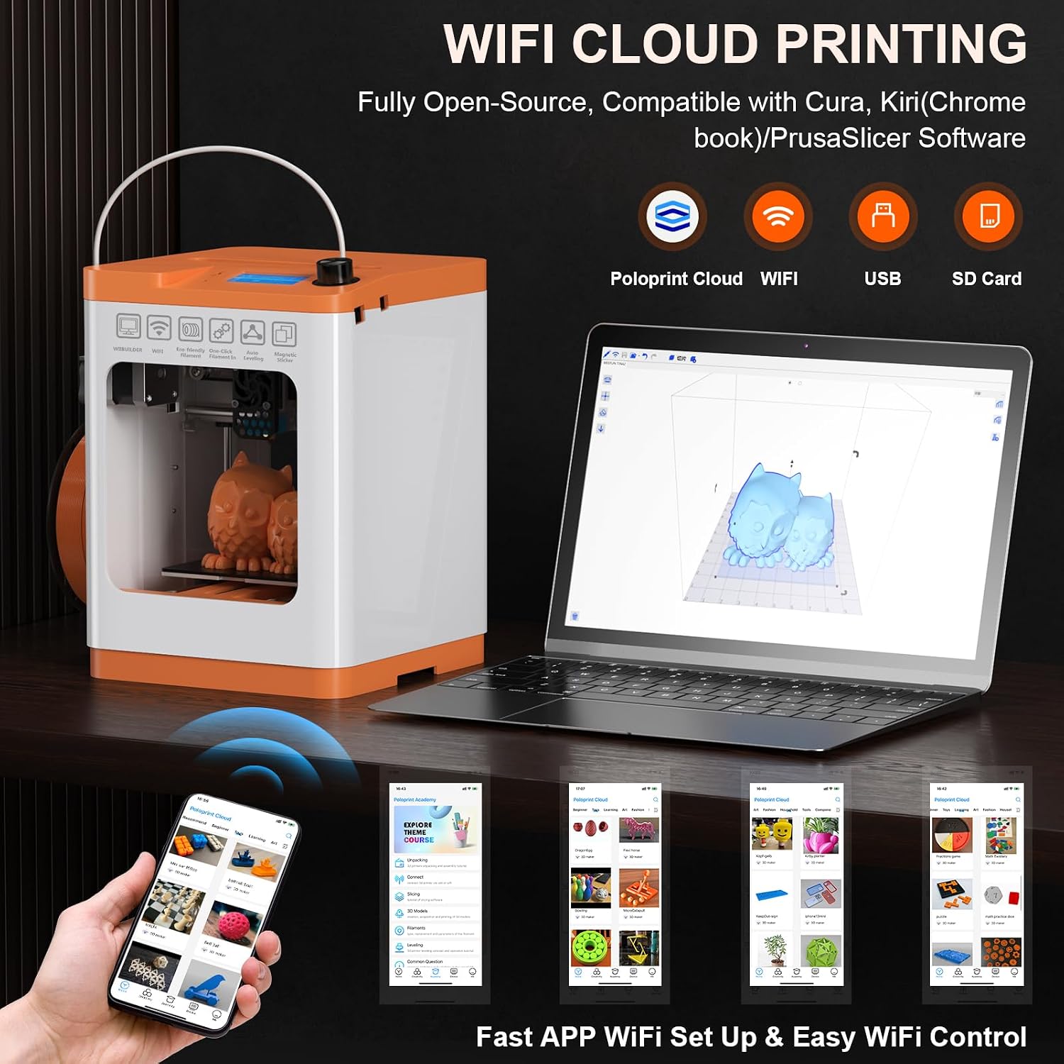 Upgraded Tina2S 3D Printer, HEPHI3D 3D Printers WiFi Cloud Printing Auto Bed Leveling, Fully Assembled Mini 3D Printers for Beginners, Silent Print, Fully Open Source DIY 3D Printer for Home, School