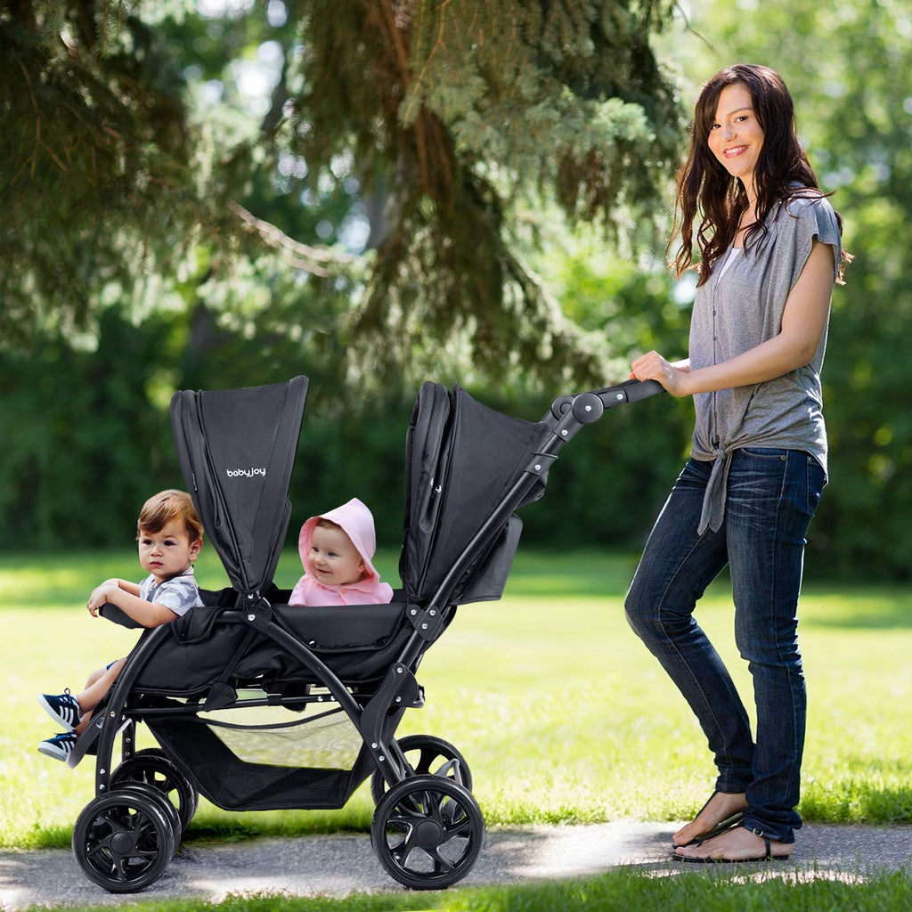 BABY JOY Double Stroller, Foldable Lightweight Twin Stroller with Tandem Seating, Adjustable Backrest/Canopy/Footrest, 5-Point Harness, Storage Basket, Newborn and Toddler (Black)