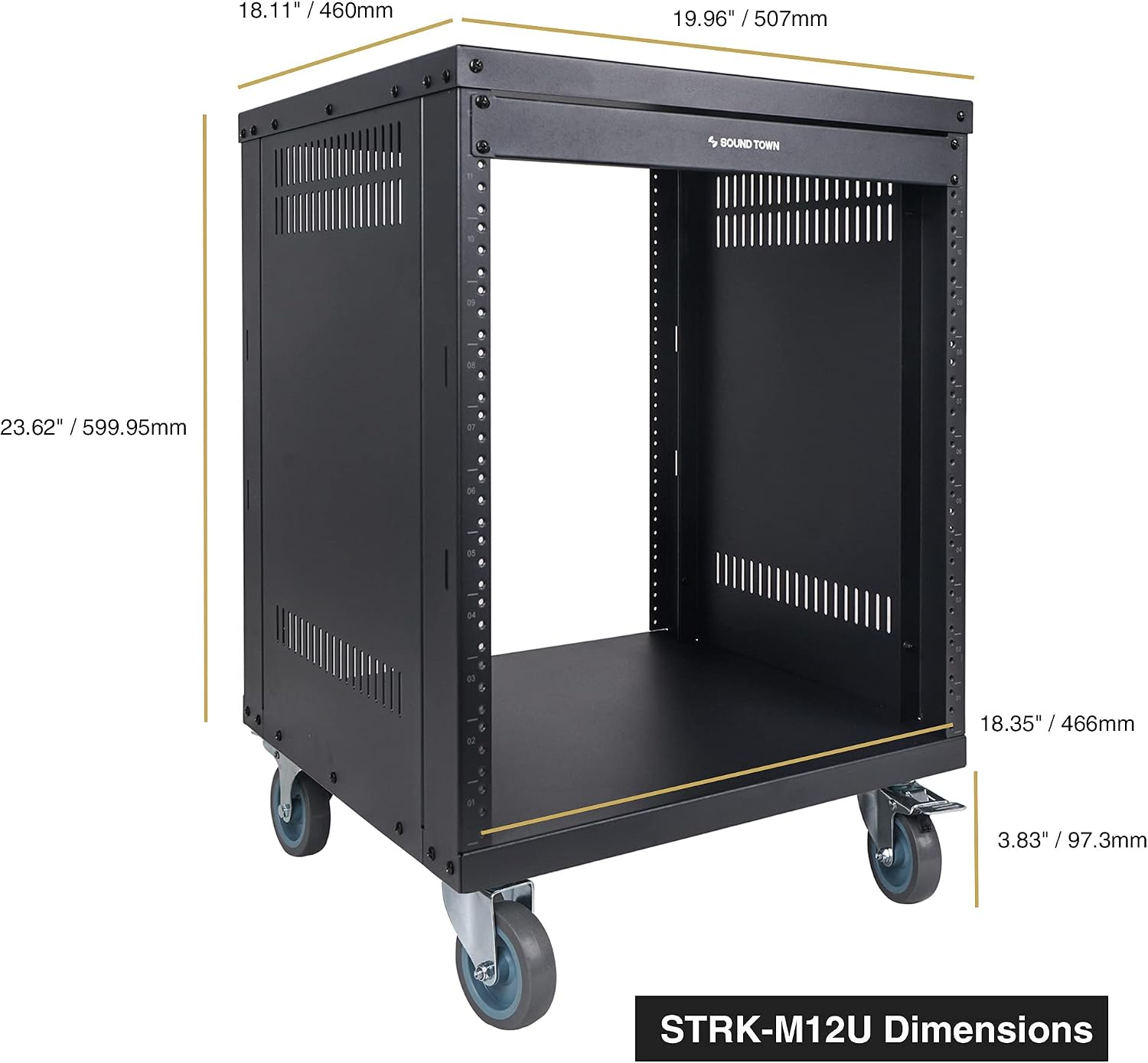 Sound Town 12U Universal Steel Rack, w/Mesh Doors, Locking Casters, Vented Side Panels for Audio Video, Server and Network Equipment (STRK-M12UWD)