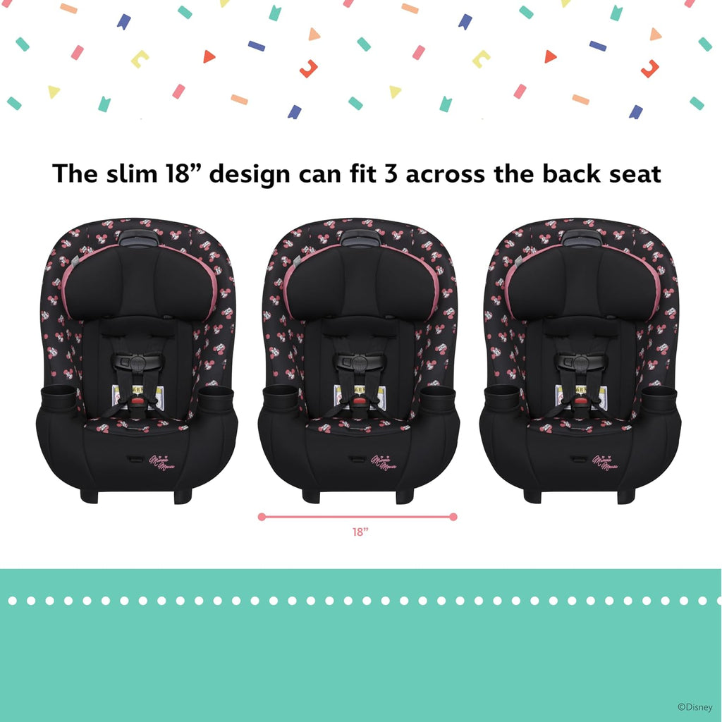 Disney Baby Ellaris 3-in-1 Convertible Car Seat, Slim Fit Design, Rear & Forward-Facing, 5-Position Headrest, 3-Across Fit, Travel-Friendly with Machine-Washable Seat Pad, Minnie Charm
