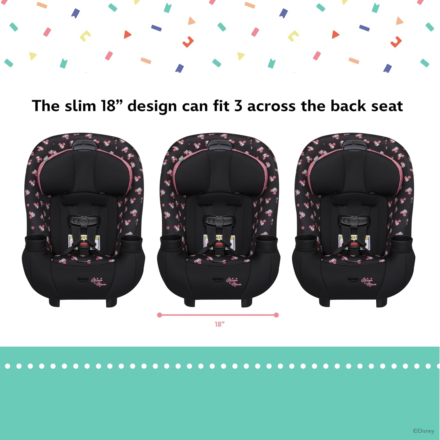 Disney Baby Ellaris 3-in-1 Convertible Car Seat, Slim Fit Design, Rear & Forward-Facing, 5-Position Headrest, 3-Across Fit, Travel-Friendly with Machine-Washable Seat Pad, Minnie Charm