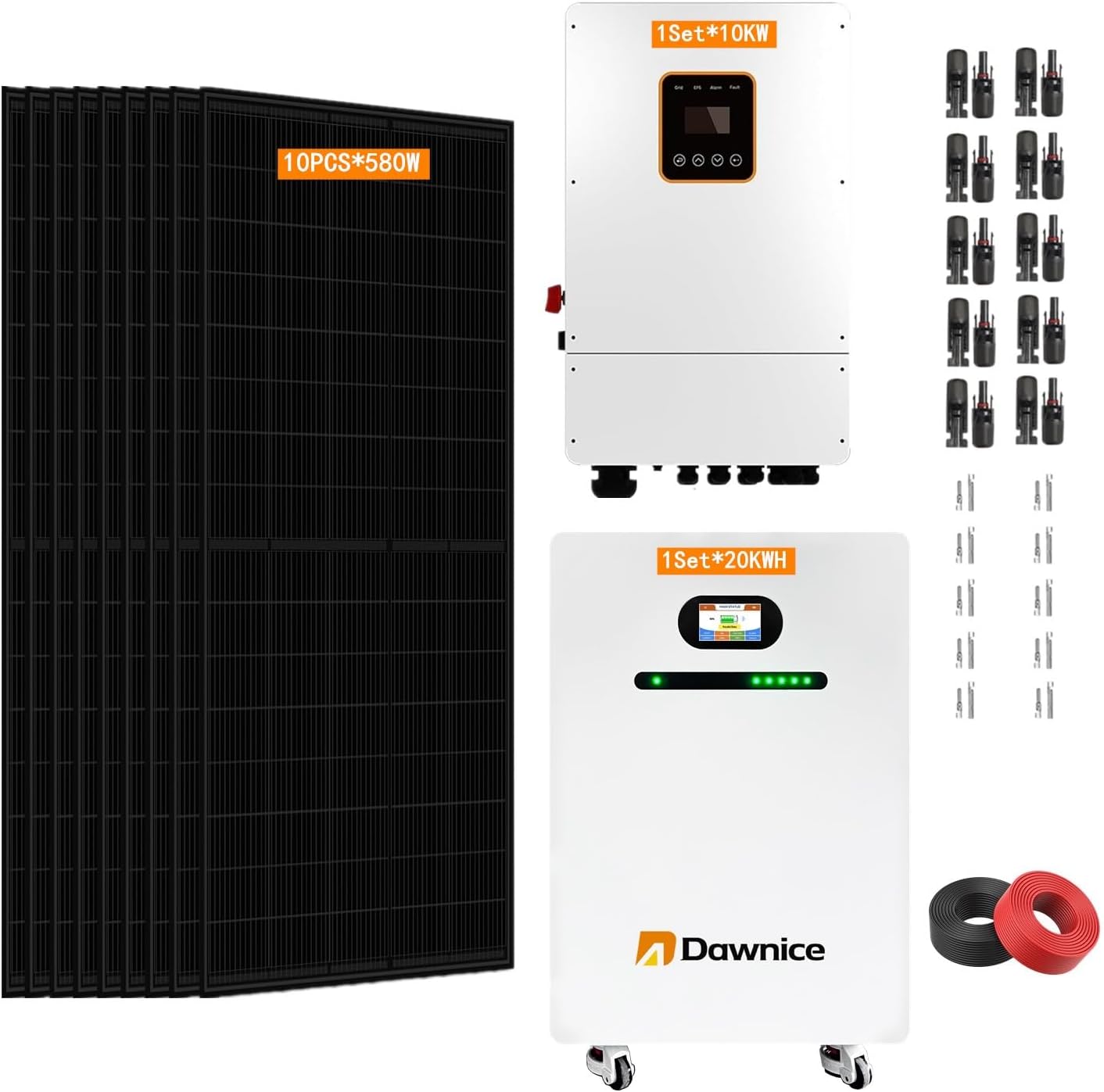 10KW Hybrid Solar Power System Complete Kit Home Kit with 5.8KW Solar Panels+48V Hybrid Inverter+ 51.2V LiFePo4 Solar Battery (10PCS* 580W PV+1 * 10KW Inverter+1 * 20KWH Battery)