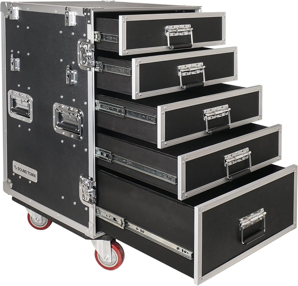 Sound Town Enhanced Thickness 1/2' (12mm) Plywood Road Case with 5-Drawer and Table for Customizable Stage and Studio Utility Equipment Storage, Pro Tour Grade (STRC-PROWT5D)
