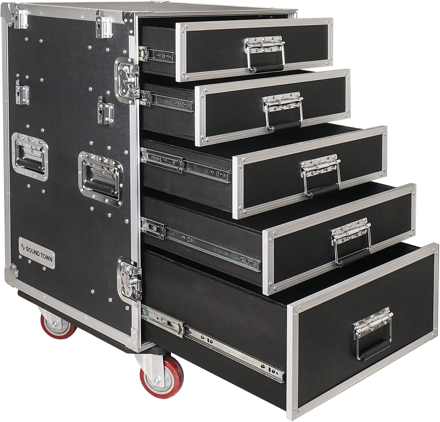 Sound Town Enhanced Thickness 1/2' (12mm) Plywood Road Case with 5-Drawer and Table for Customizable Stage and Studio Utility Equipment Storage, Pro Tour Grade (STRC-PROWT5D)
