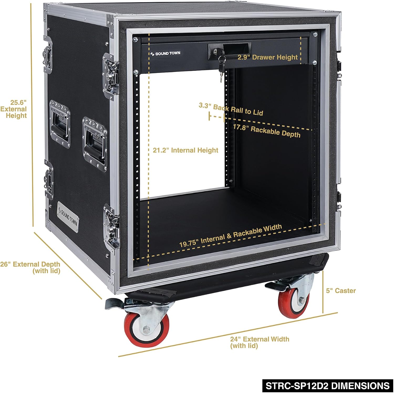 Sound Town Shock Mount 12U ATA Rack Case with 2U Drawer, 21' Rackable Depth, Casters - Pro Tour Grade (STRC-SP12D2)