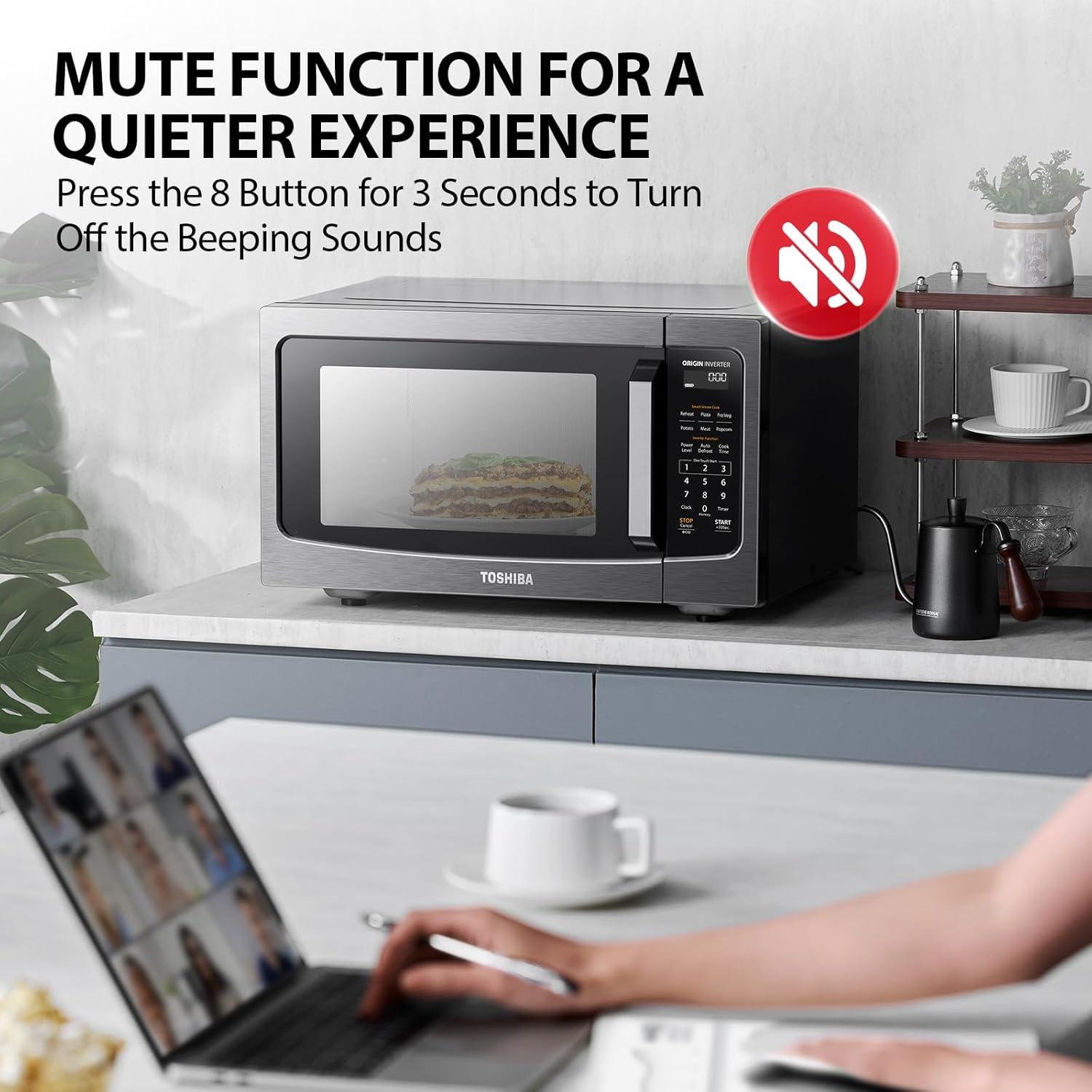 TOSHIBA ML-EM45PIT(BS) Countertop Microwave Oven with Inverter Technology, Kitchen Essentials, Smart Sensor, Auto Defrost, 1.6 Cu.ft, 13.6' Removable Turntable, 33lb.&1250W, Black Stainless Steel