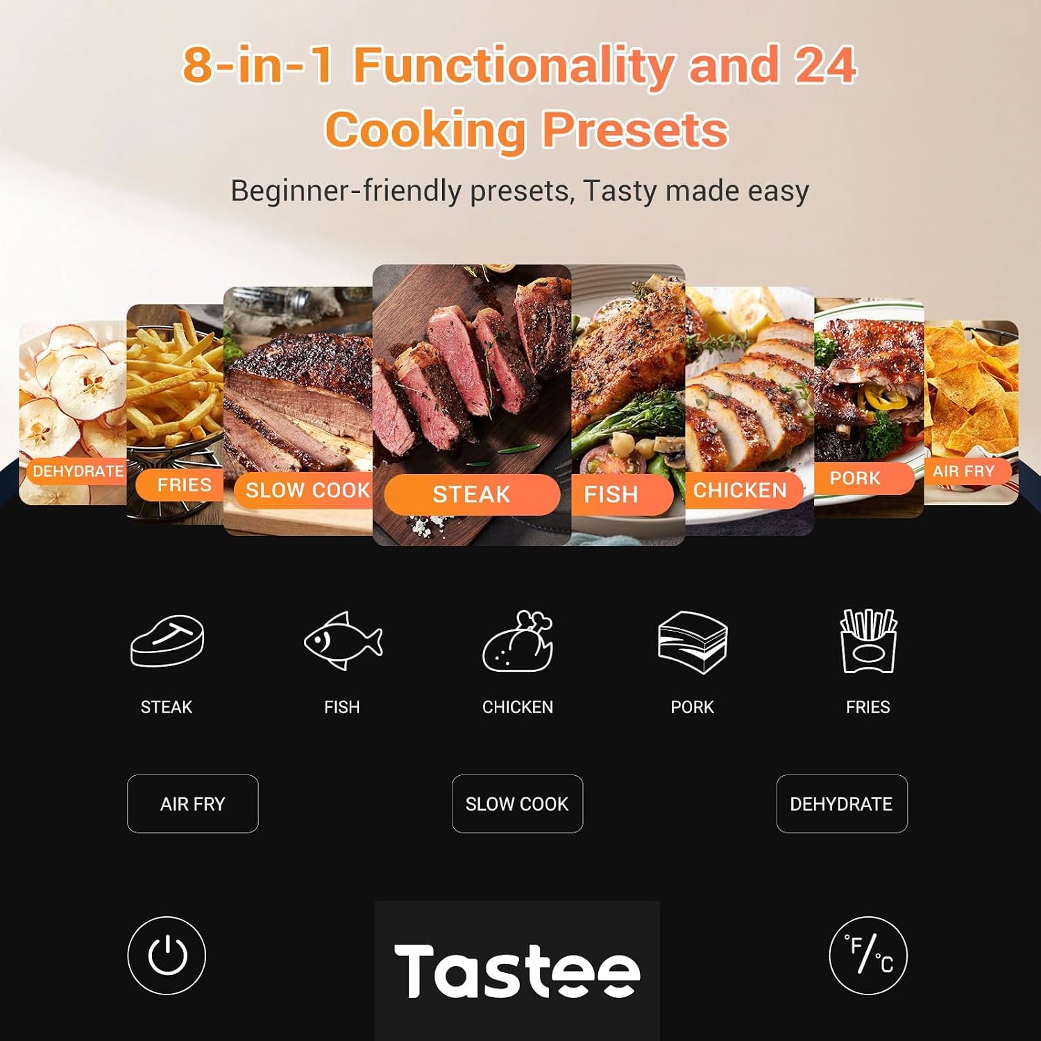 Tastee Ceramic Air Fryer, 8-in-1 Compact 5.5QT AirFryers, 450°F Digital Airfryer Dehydrator with Smart Probe, 24 Presets One-touch Cooking, In-app Recipes with Window, Dishwasher-safe & Non-stick