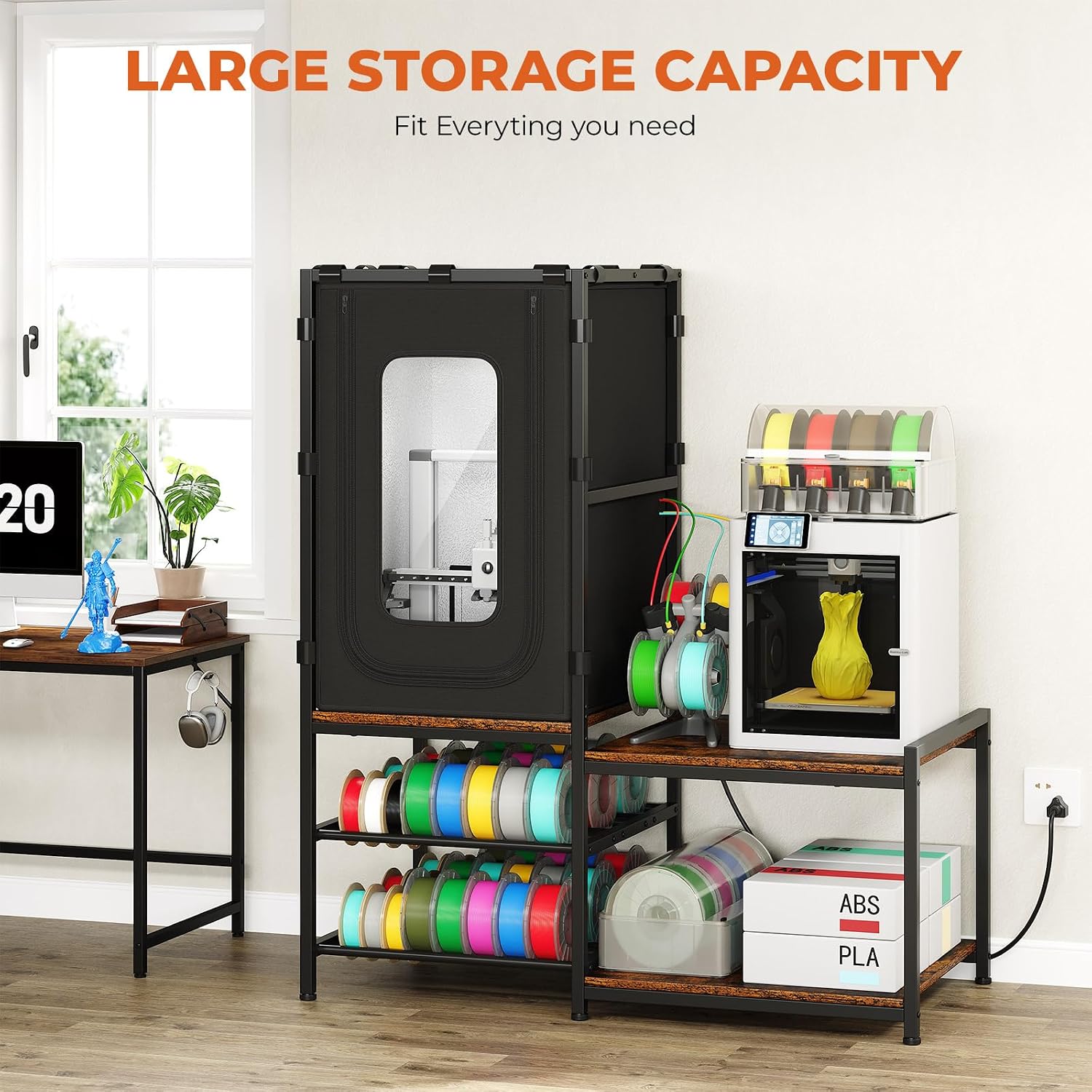ikkle 3D Printer Cabinet with Dustproof & Noise Reducing Enclosure — Heavy Duty Filament Storage Stand with Protective Cover for Home Office, Studio Workshop