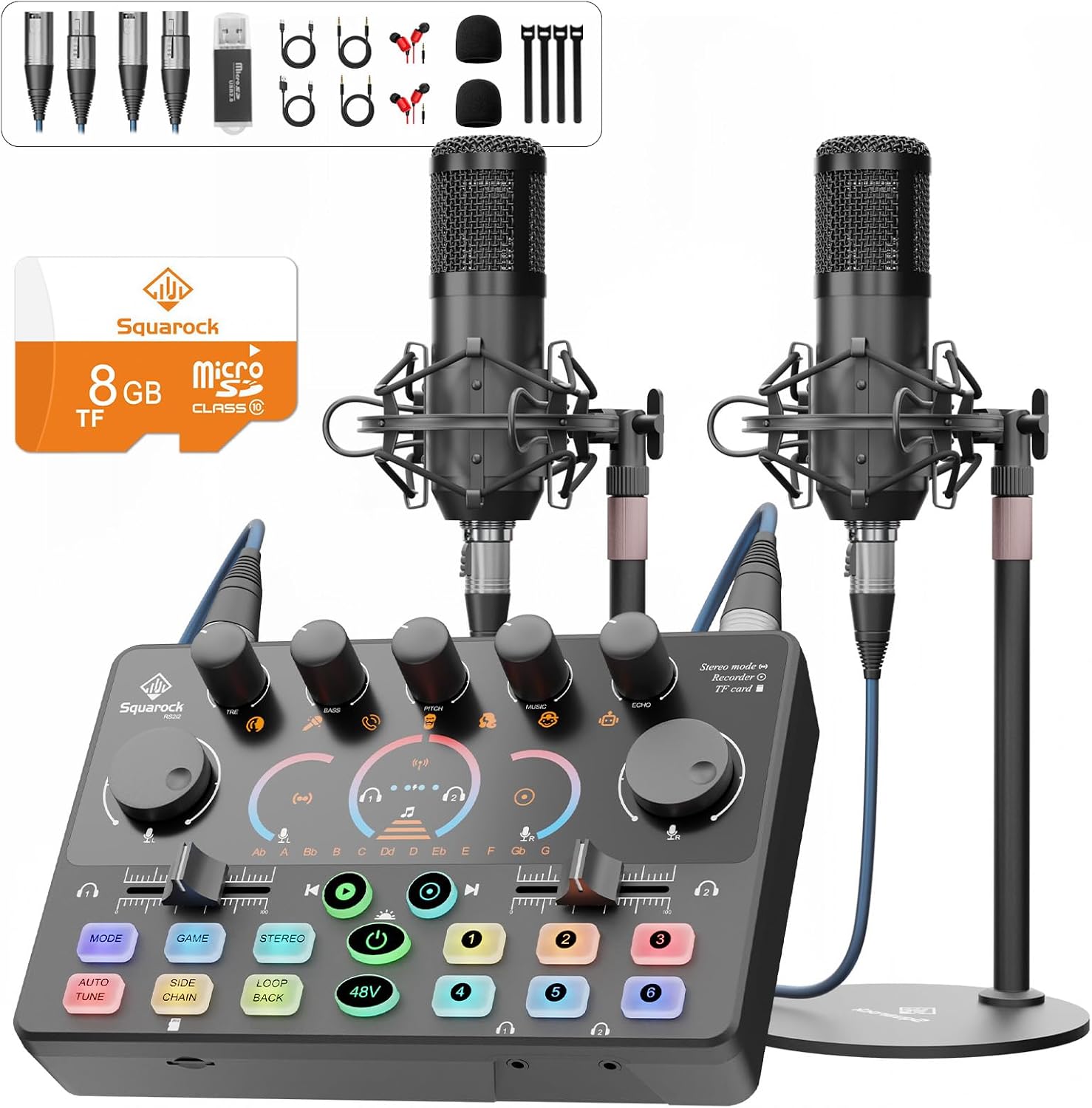 Podcast Equipment Bundle for 2, Audio Interface with 8GB Memory Card and XLR Condenser Microphones,Stereo,Denoise, RGB,Built-in Recorder, 48V Phantom for Streaming,Podcast Recording,Gaming(RS2i2)