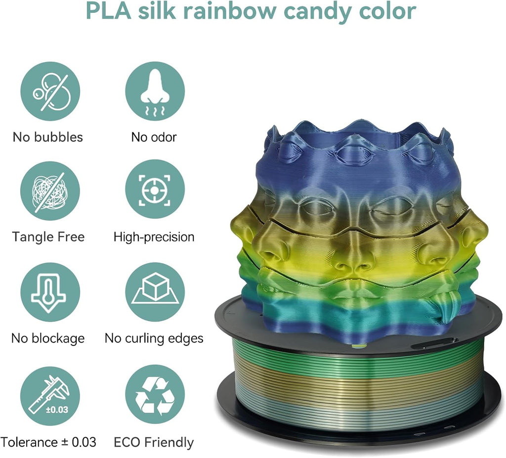Kingroon 10KG Silk Rainbow PLA Filament Bundle, 1.75mm Multicolor Gradient 3D Printing Filament, 10 x 1KG Spools, Dimensional Accuracy ±0.03mm, No Bubble & Less Warping, Fits Most FDM 3D Printers