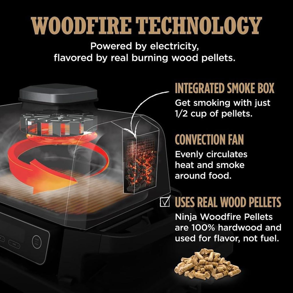 Ninja OG701 Woodfire Outdoor Grill & Smoker, 7-in-1 Master Grill, BBQ Smoker, Air Fryer plus Bake, Roast, Dehydrate, & Broil, uses Woodfire Pellets(1 Pack Included), Portable, Electric, Red