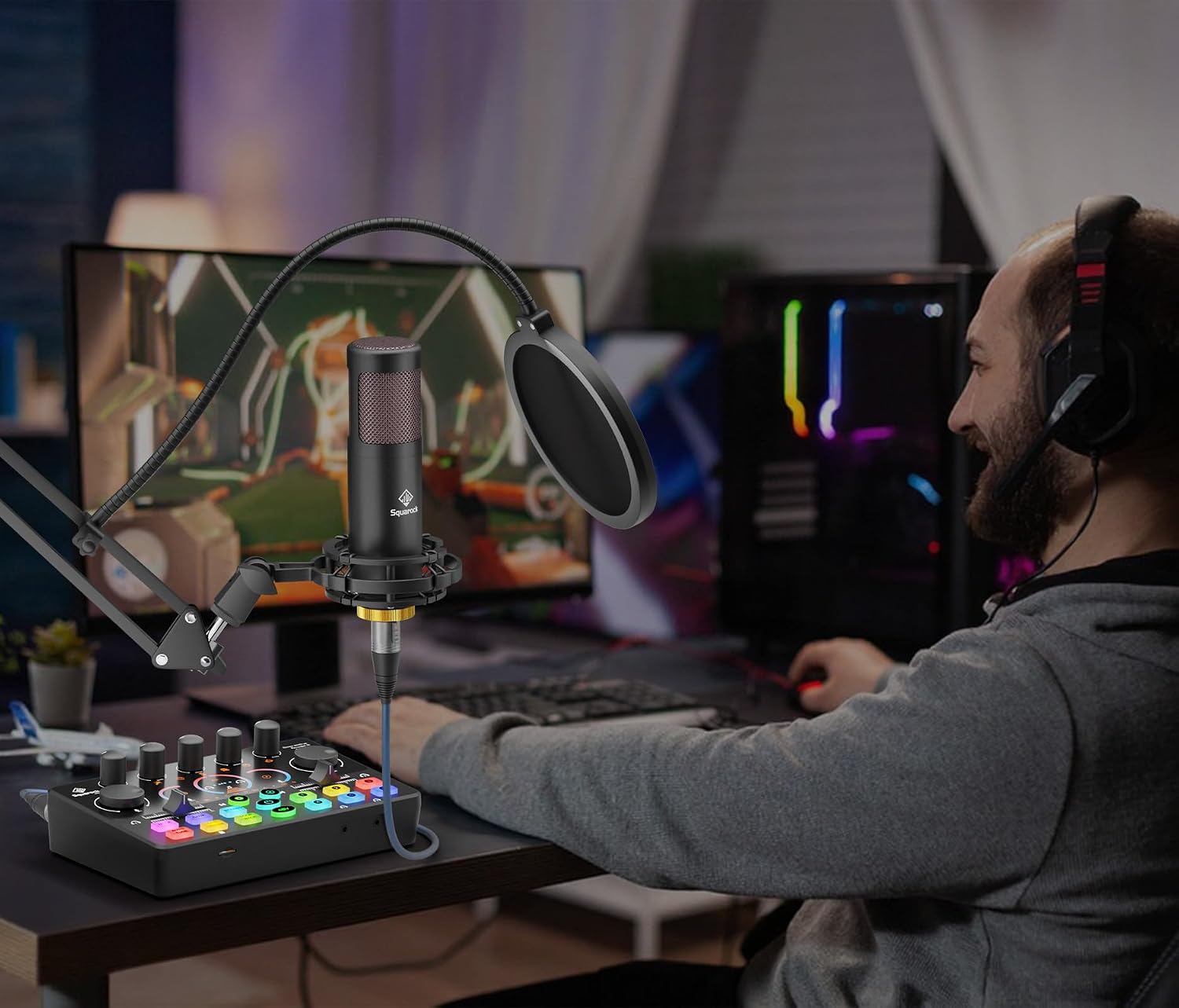 Podcast Equipment Bundle, Mixer with 48V XLR Condenser Microphone, TF Card,5RGB,Surround Sound,Suitable for Streaming/TikTok/YouTube, Compatible with Mobile Phones, PC,Camera RS2