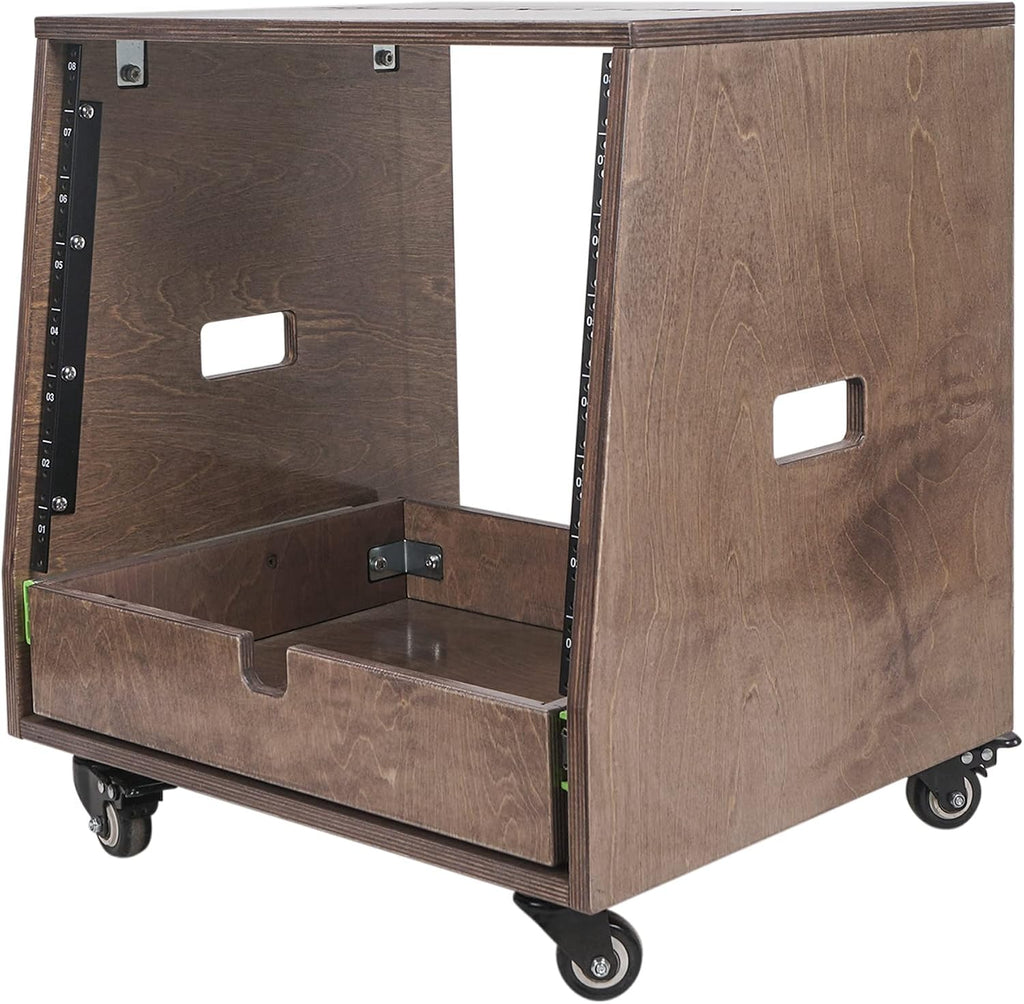 Sound Town 8U DIY Solid Baltic Birch Plywood Slanted Studio Rack with 8U Rack Space, Extra 2U Drawer, Rubber Feet, Casters, Weathered Brown (SDRK-8TBD2)