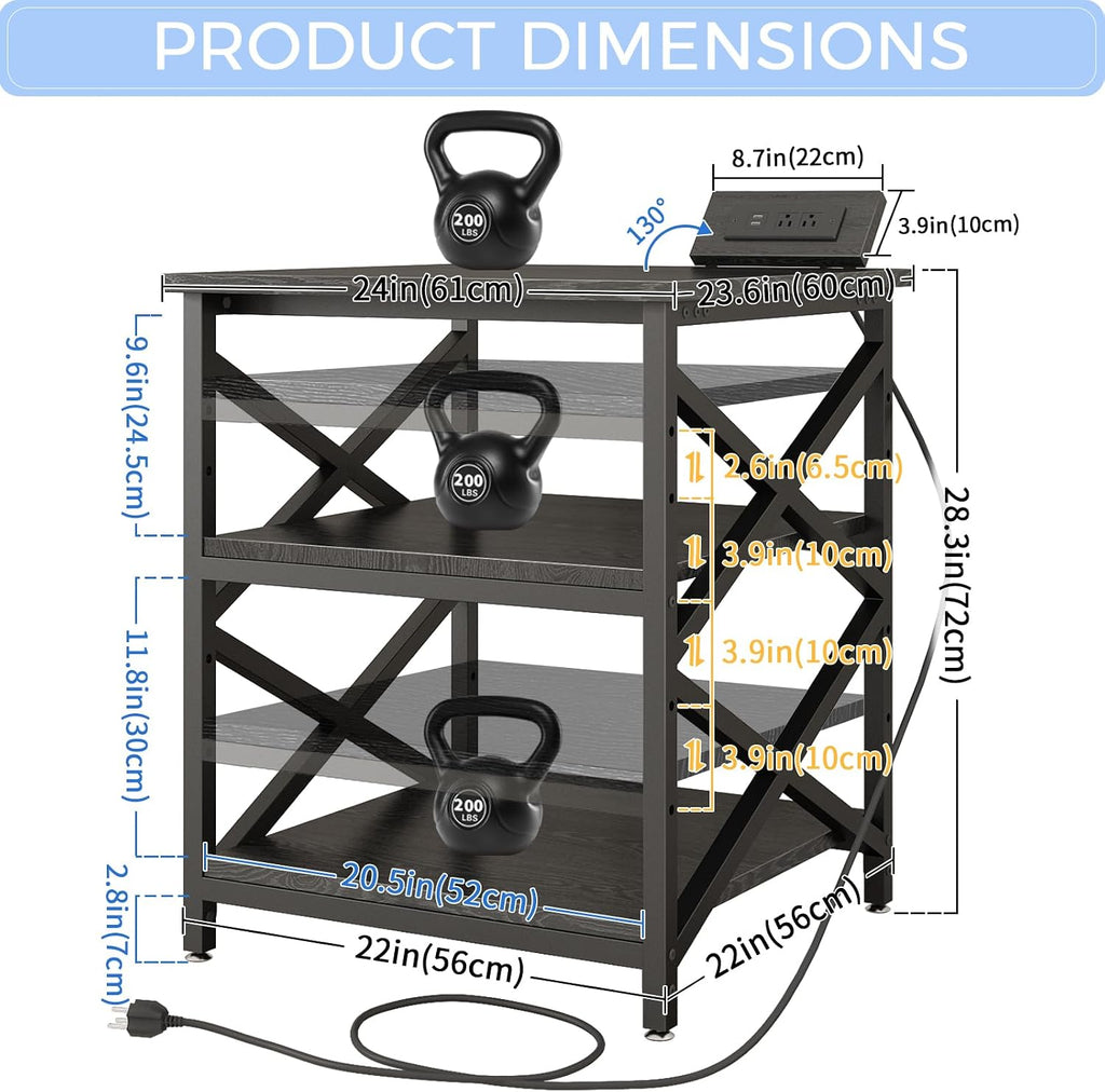 METYERRY Large Printer Stand with Power Outlet, with Height Adjustable Storage Shelf, 3 Tier Rolling Printer Cart with Industrial Wheels, 23.6 x 23.6 Inches Printer Table for Home Office,Black