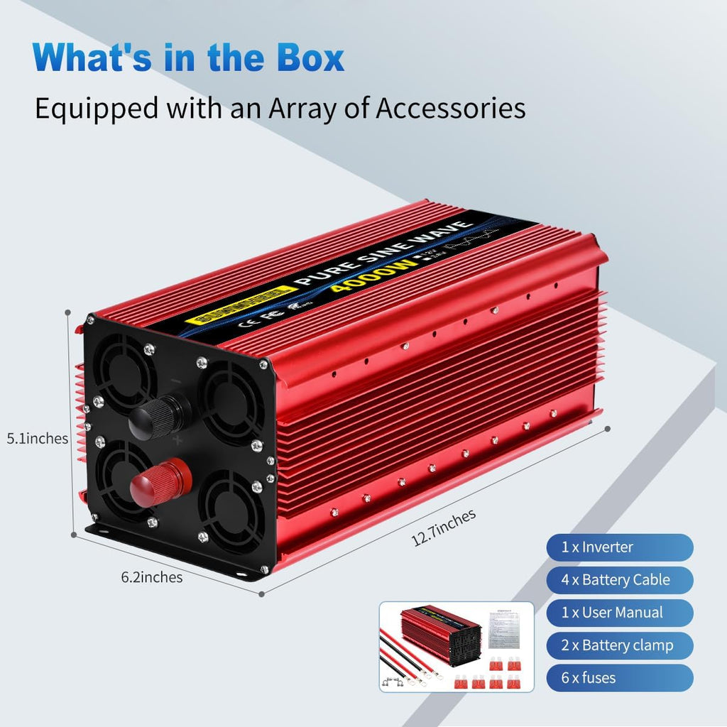 SUNWHEEL 4000W Pure Sine Wave Inverter, Solar Off-Grid Inverter, 12V DC to 110V 120V AC for RV、Microwave、Truck、Refrigerator、Freezer、TV、Air Conditioner with 4 AC outlets and LCD Display