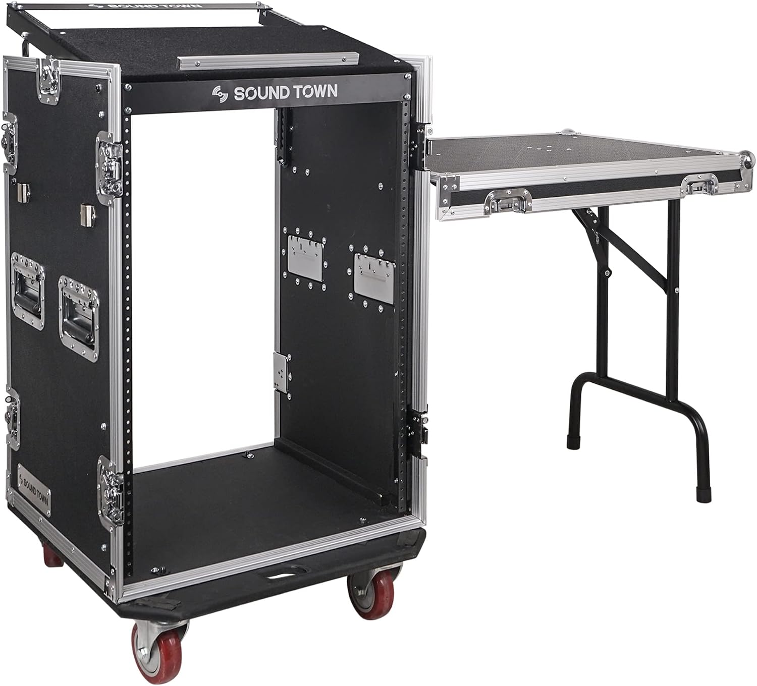 Sound Town Heavy-Duty 1/2' (12mm) Plywood 16U PA/DJ Rack/Road Case with 11U Slant Mixer Top, 20'' Rackable Depth, DJ Work Table and Casters, 16-Space Size, Pro Tour Grade (STMR-16UWT)