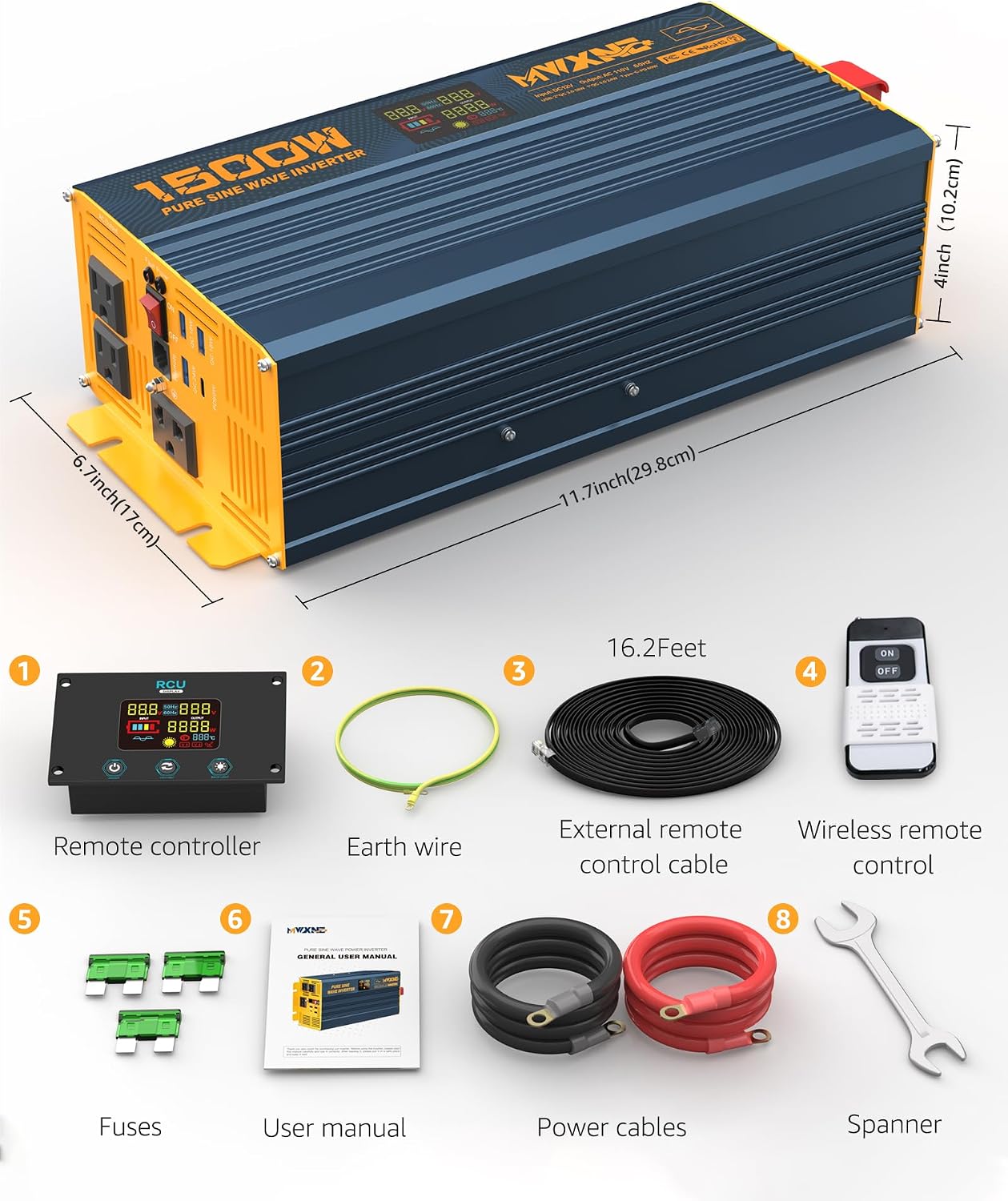 1500W/3000W(Peak) Power Inverter Pure Sine Wave DC 12V to 110V 120V AC Converter 3 AC Outlets Car Inverters with 4 USB Fast Charging Ports, LCD Display and Remote Controller for Truck RV