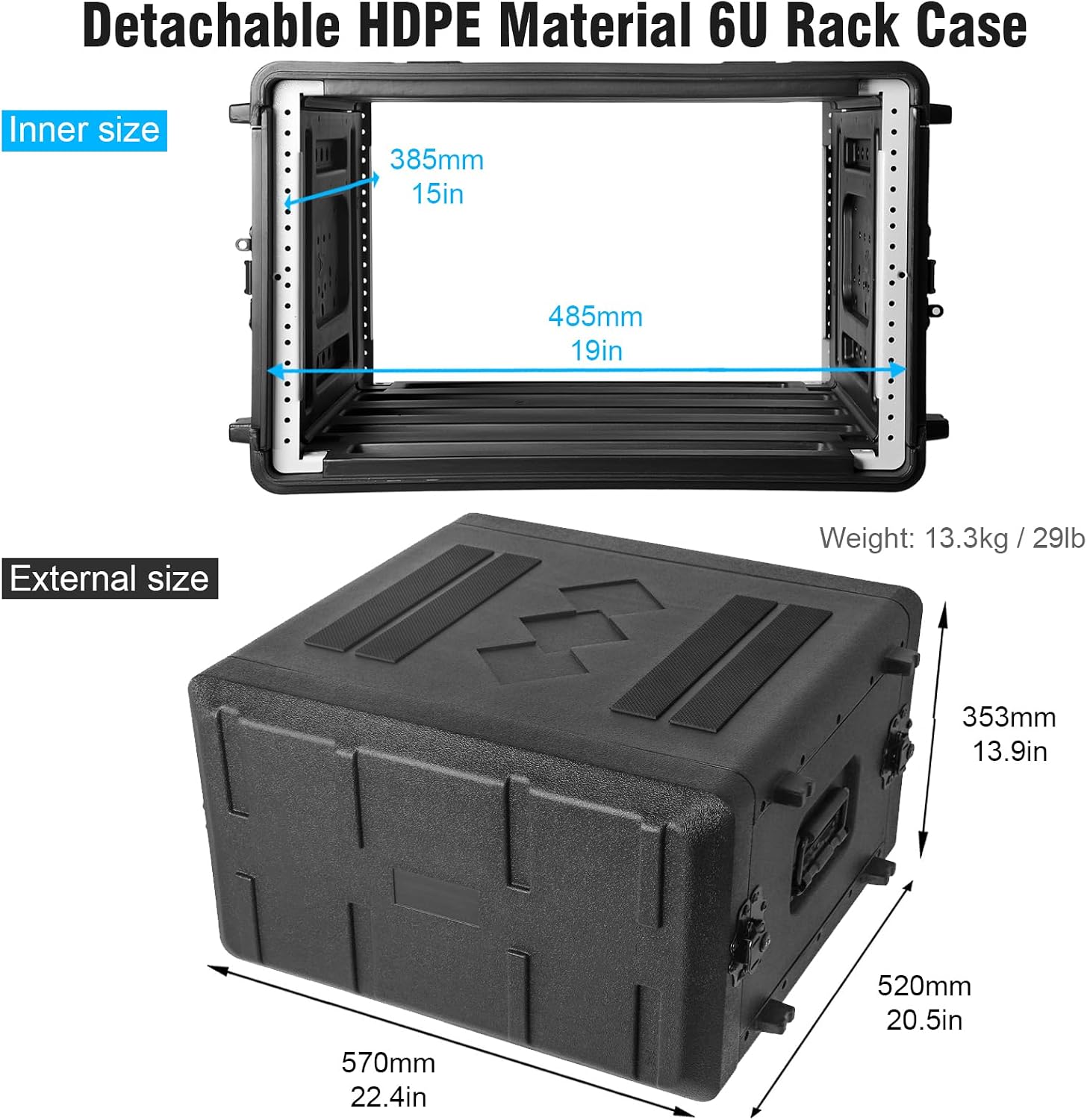 Diandian 6U Rack Case Shallow 16' Depth, 19' Rackmount Flight Case, Watertight Dust-Proof, Shock Mount for Amplifier, Pro Audio, DJ Mixer, Effects with Microphone Compartments