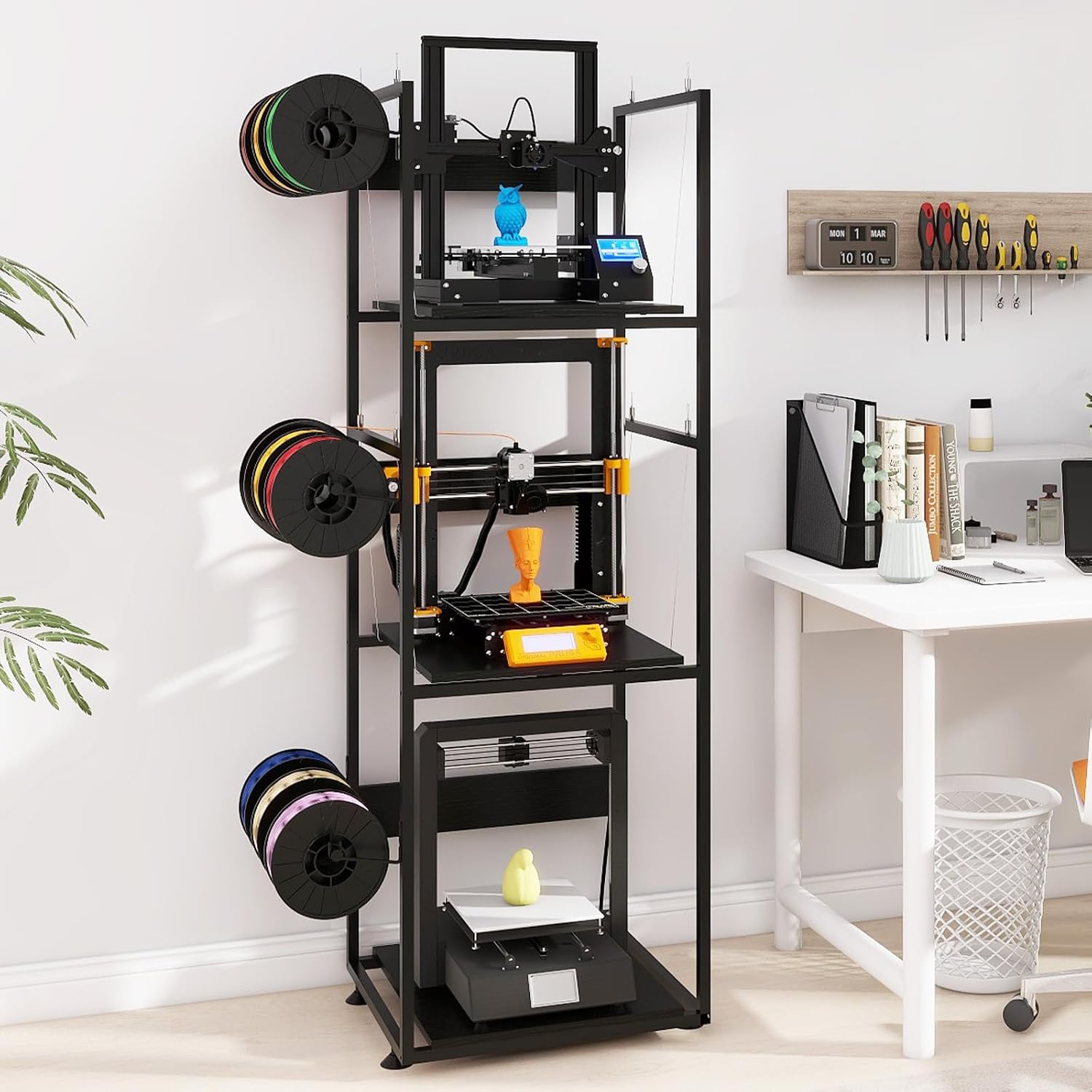 PUNCIA 3-Tier 3D Printer Stand with Filament Storage, Heavy Duty Workbench Rack – Compatible with FDM/SLA, Studio, Workshop, Office Use, Space-Saving Organizer for Multiple Filament Types
