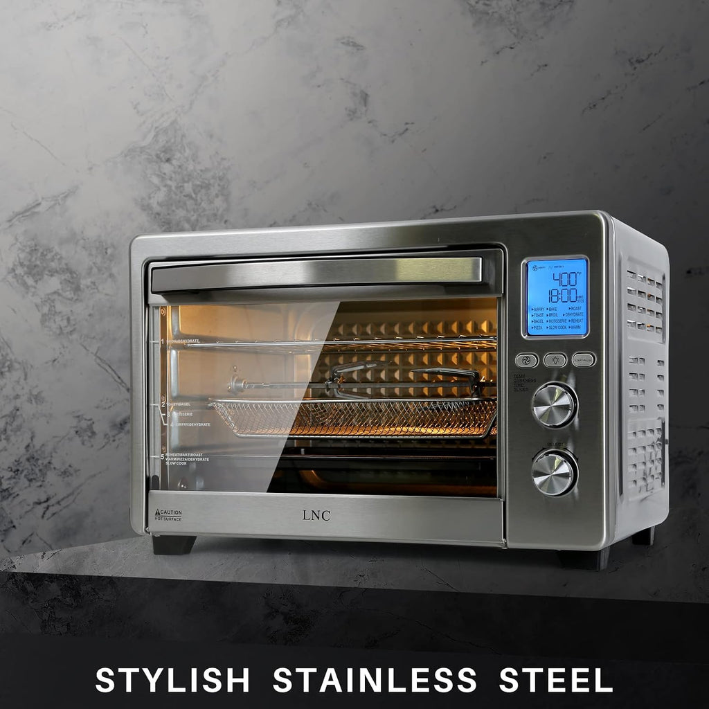 LNC Air Fryer Oven, 34QT Extra Large 1750W Toaster Air Fryer Combo, 12' Pizza Convection Oven Countertop, 12-in-1 with 4 Accessories, Stainless Steel, Silver