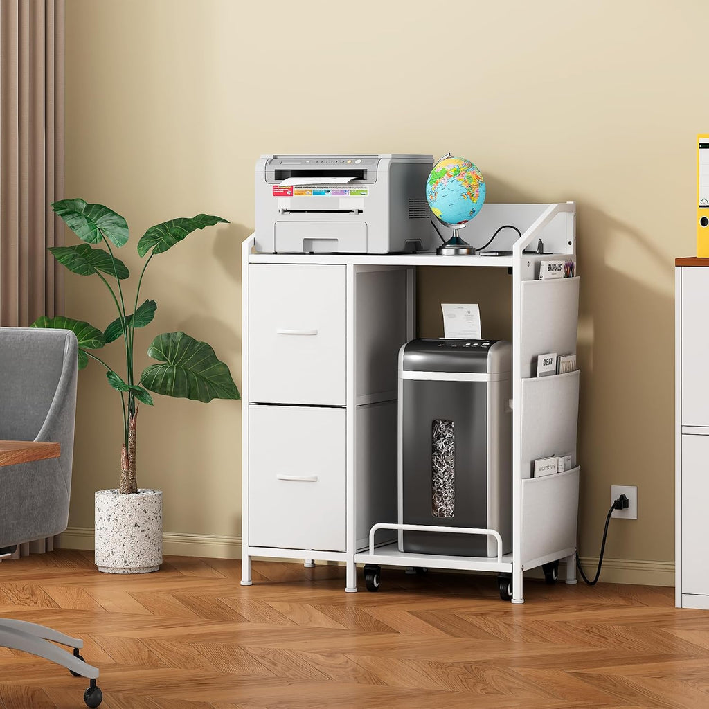 Printer Stand with Storage, Lateral Office Filing Cabinets with Power outlets & USB Charging Port, File Cabinet with Large Printer Stands for Home Office, Shredder Stand Rack (White)