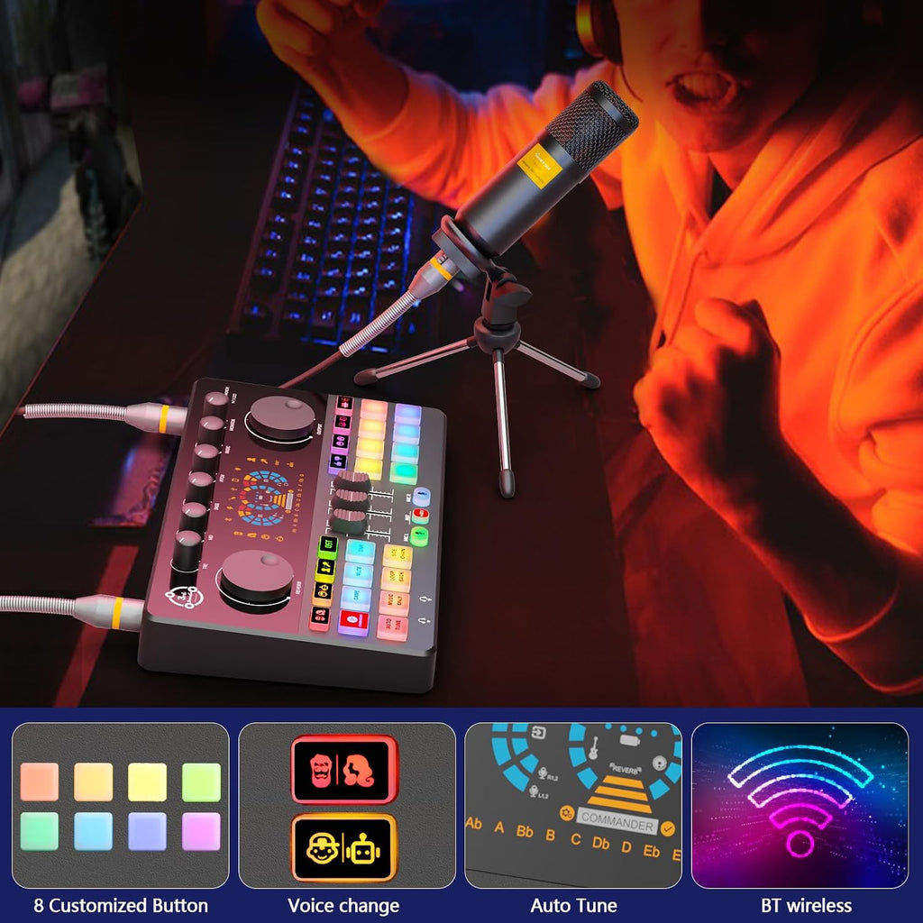 Podcast Equipment Bundle for 2, Audio Mixer Voice Change with XLR Dynamic Microphone, Perfect for Vocal Recording, Podcasting, Streaming,Video Vocals, Singing, PC, Phone, TikTok, COMMANDER M100 3rd