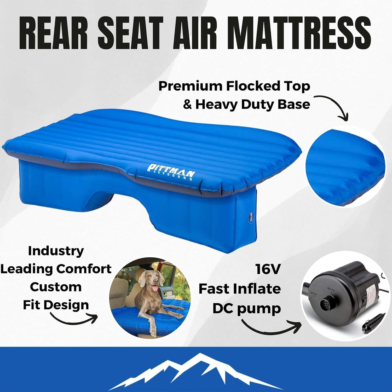 Pittman Outdoors Backseat Bed Air Mattress – 60' Rear Seat Air Mattress for Trucks, Vans & Large SUV – Includes Pump, Pillow & Storage Bag – Inflatable Back Seat Air Mattress – Blue