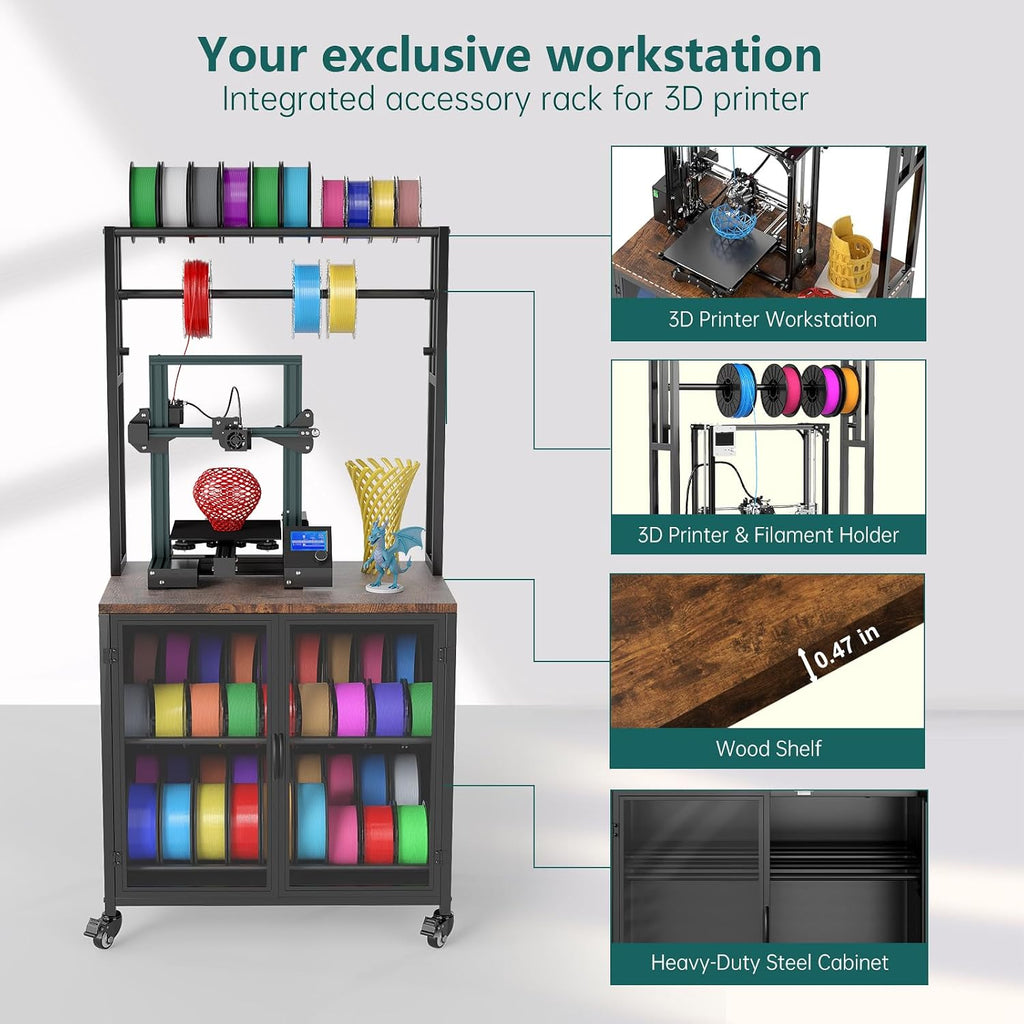 3D Printer Stand with Filament Storage, 29.5' x 18.9' Dustproof and Moisture-Proof Heavy Duty Large 3D Printer Table Cart with 360°Rolling & Cabinet for Workshop Studio Office (Rustic Brown)
