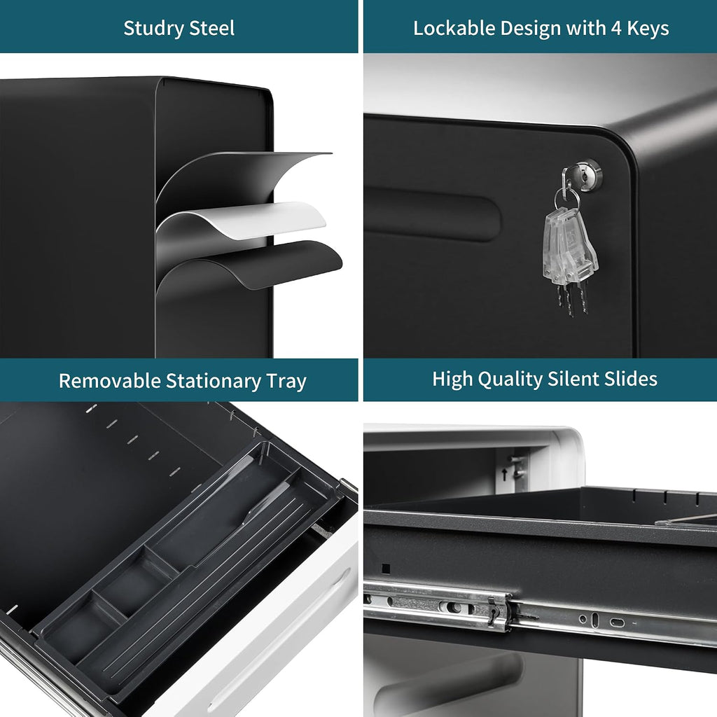 3 Drawer Under Desk Printer Stand with Lock, Mobile Rolling Printer Table for Home Office, Fully Pre-Assembled (Wheels Only to Attach), 4 Keys Included, Black
