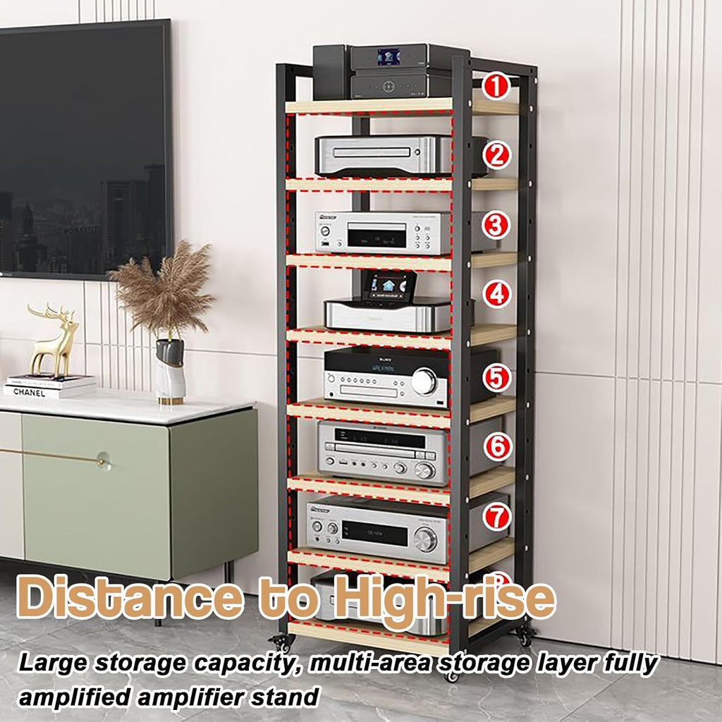 AV Media Stand 5/6/7/8 Tier Movable Record Player DVD CD Audio Rack Tower Holder, Adjustable Media Storage Cabinet, Equipment Console Shelf for Home Office Theater,Black,5 Tier W 19.6″