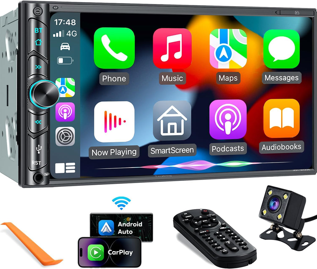 Upgrade Wireless Double Din Car Stereo with Carplay, Android Auto, Bluetooth, 4-Channel RCA, High Power, 2 Subwoofer Ports, 7' HD Capacitive Touchscreen Car Radio, Backup Camera, Audio Receiver