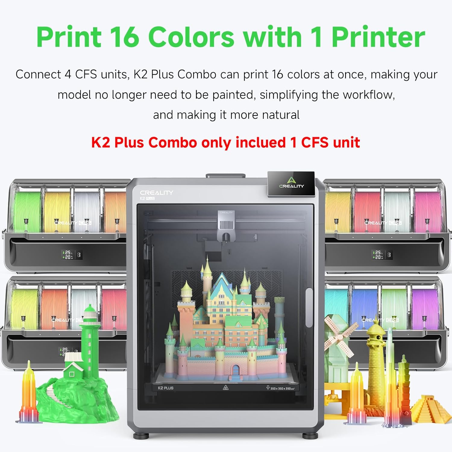 Official Creality K2 Plus Combo 3D Printers, Multicolor Printing Machine Up to 16 Colors, 600mm/s High-Speed Printing, Dual AI Camera for Monitoring, 350x350x350mm Build Volume