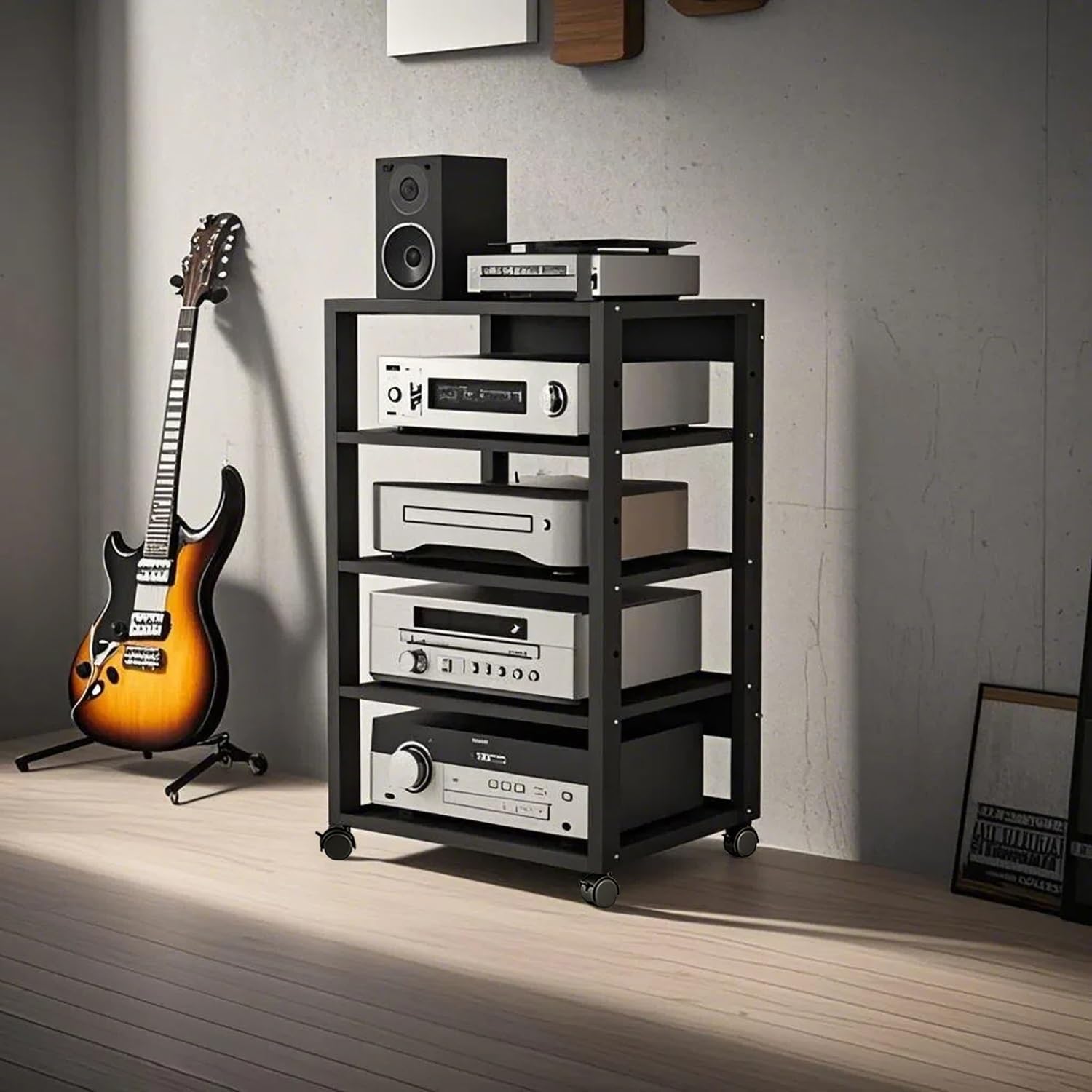 5 Tier AV Media Stand, Audio Rack Tower Stereo Components Cabinet, Home Theatre CD Record Player Stereo Receiver Equipment Rack with Adjustable Wood Shelves, Load 220lbs (Black)