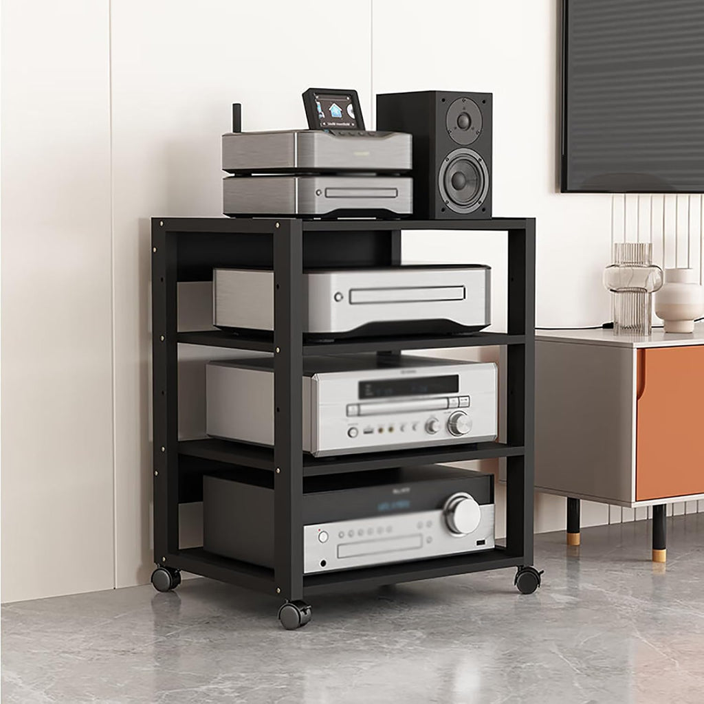 4 Tier Audio Rack Tower, CD Record Player Stereo Receiver AV Equipment Cabinet Display Rack, Weight Capacity 661 lbs, with Adjustable Wooden Shelves for Home (4 Tier Black)