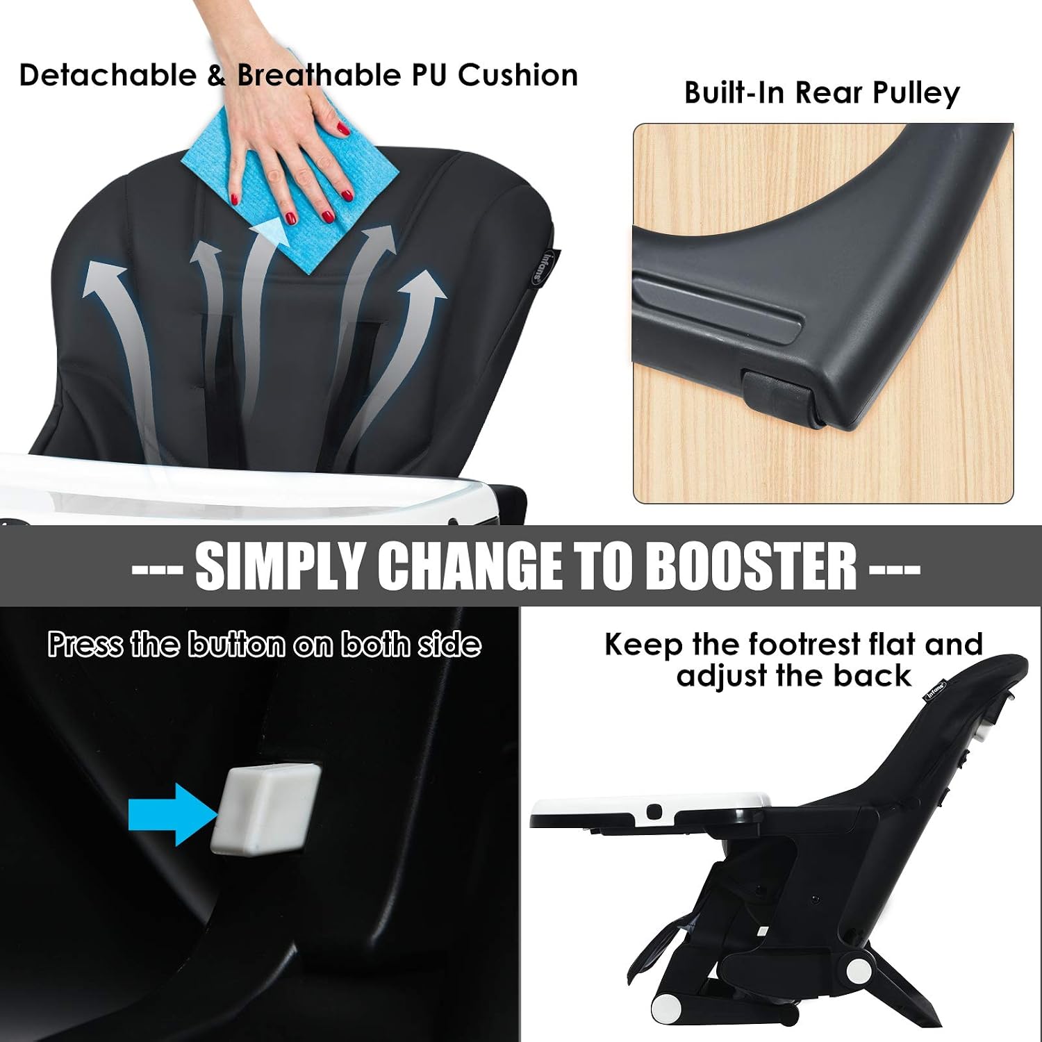 INFANS 4 in 1 High Chair–Booster Seat, Convertible Highchair w/Adjustable Height and Recline,Removable Tray,DetachableCushion, Installation-Free,Simple Fold for Baby, Infant& Toddler