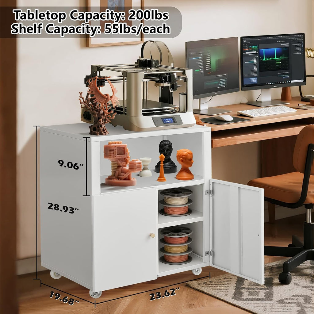 Metal Printer Stand with Storage, Heavy Duty Rolling Printer Cabinet with Doors and Adjustable Shelves, Large Printer Table Stand with Wheels for Office Copier Fax, White
