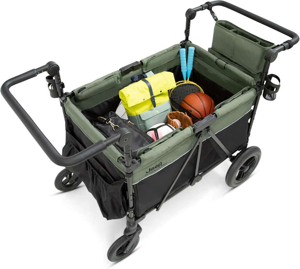 Delta Children - Jeep Wrangler Deluxe 4 Seater Stroller Wagon - Premium Quad Stroller Wagon for 4 Kids with Convertible Seats, Adjustable Push/Pull Handles, Removable Canopy & Flat Fold, Black/Green