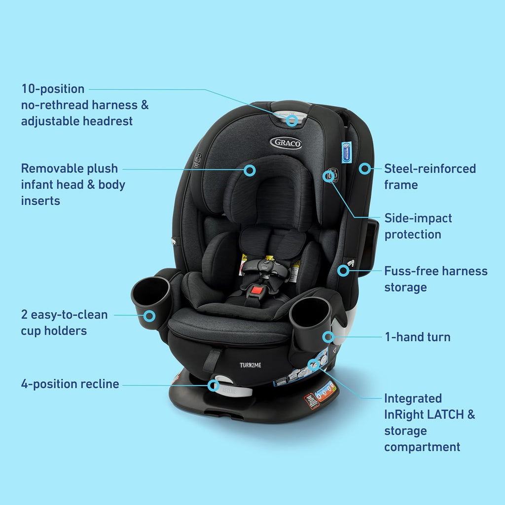 Graco Turn2Me 3-in-1 Rotating Convertible Car Seat, Cambridge, Rear-Facing Rotation Only, Forward-Facing Mode, Highback Booster Up to 100 lbs, Adjustable Headrest & Harness, Steel Reinforced Frame