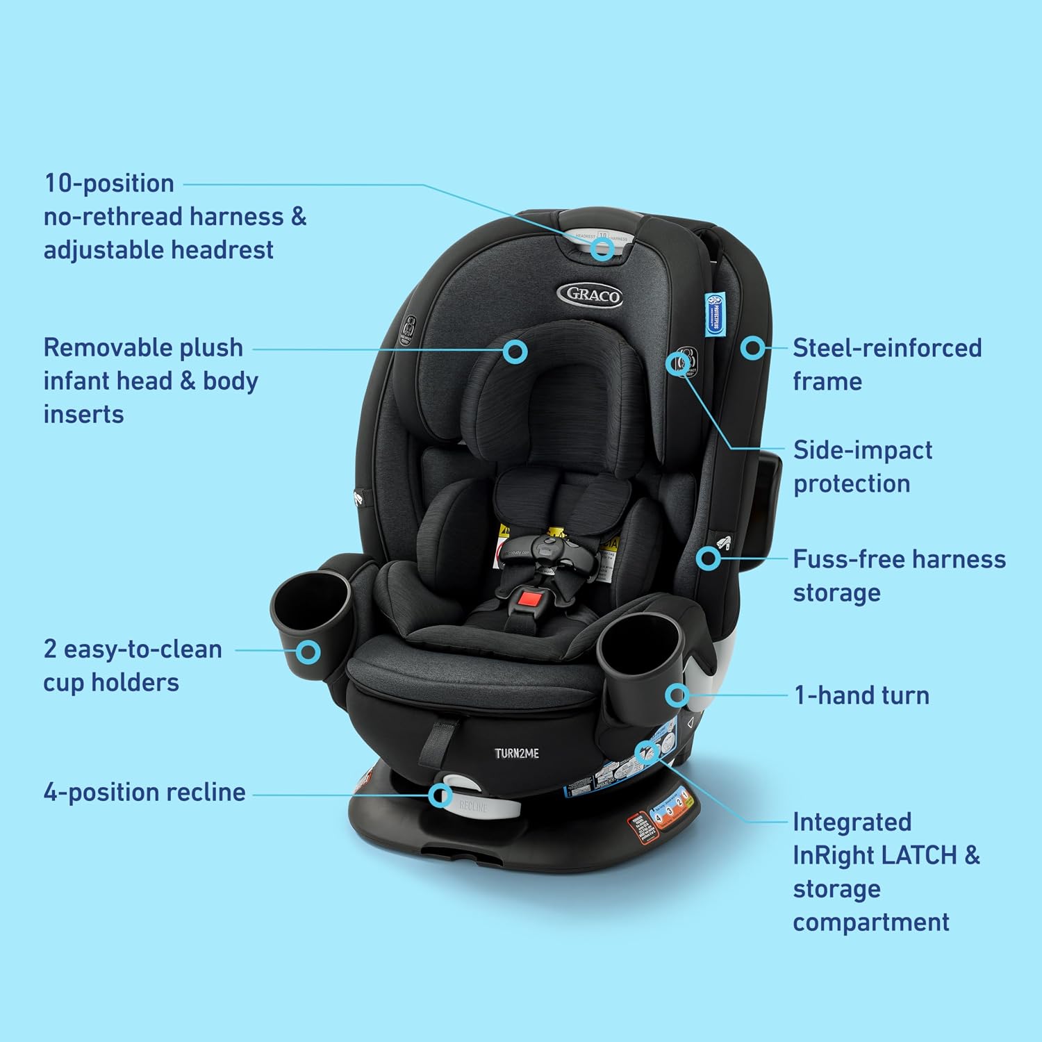 Graco Turn2Me 3-in-1 Rotating Convertible Car Seat, Cambridge, Rear-Facing Rotation Only, Forward-Facing Mode, Highback Booster Up to 100 lbs, Adjustable Headrest & Harness, Steel Reinforced Frame