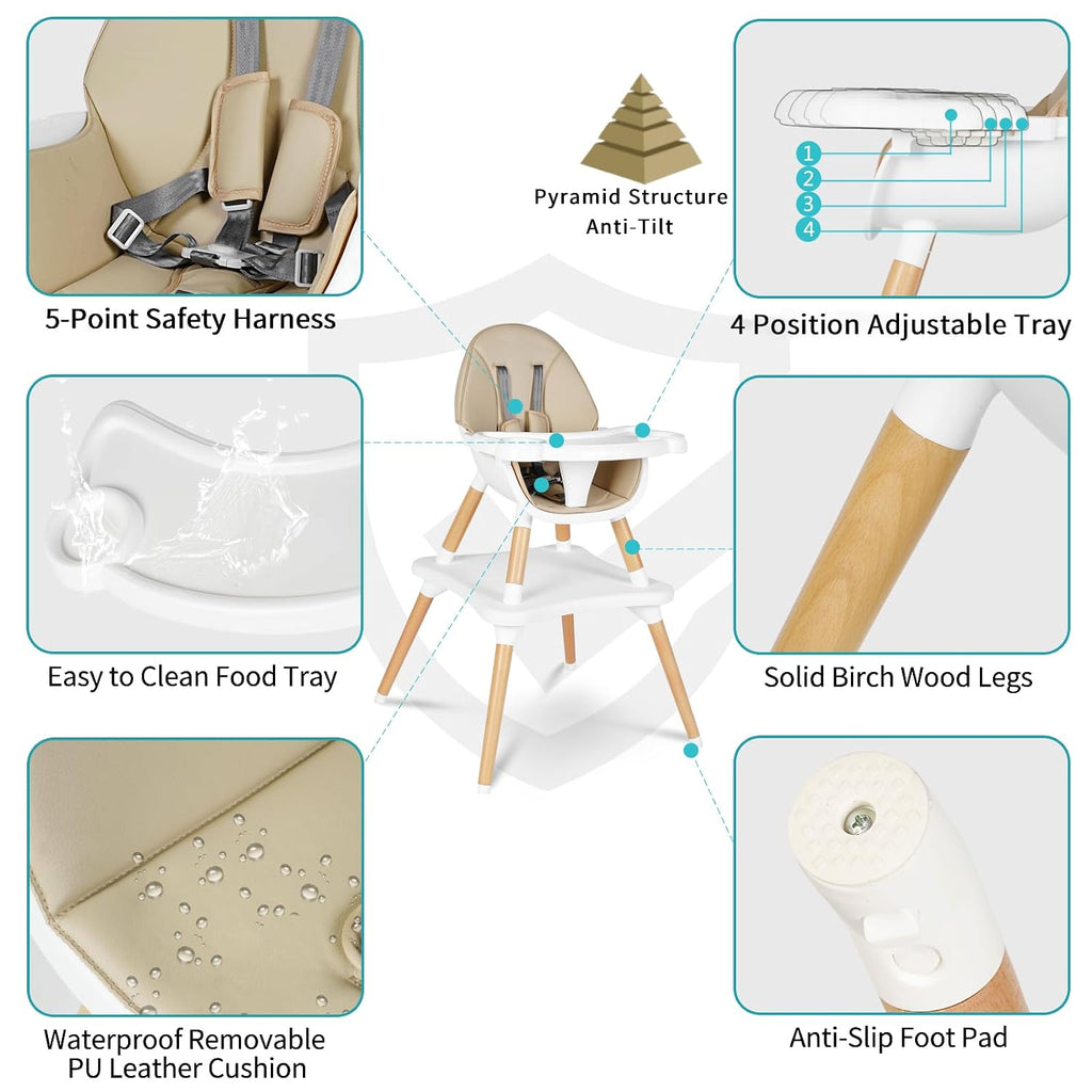 6 in 1 High Chair for Babies & Toddlers, Convertible Wooden Baby Highchair, Table and Chair Set, Baby Feeding Chair, 5-Point Adjustable Harness/4-Position Removable Tray& PU Seat Cushion(Beige)