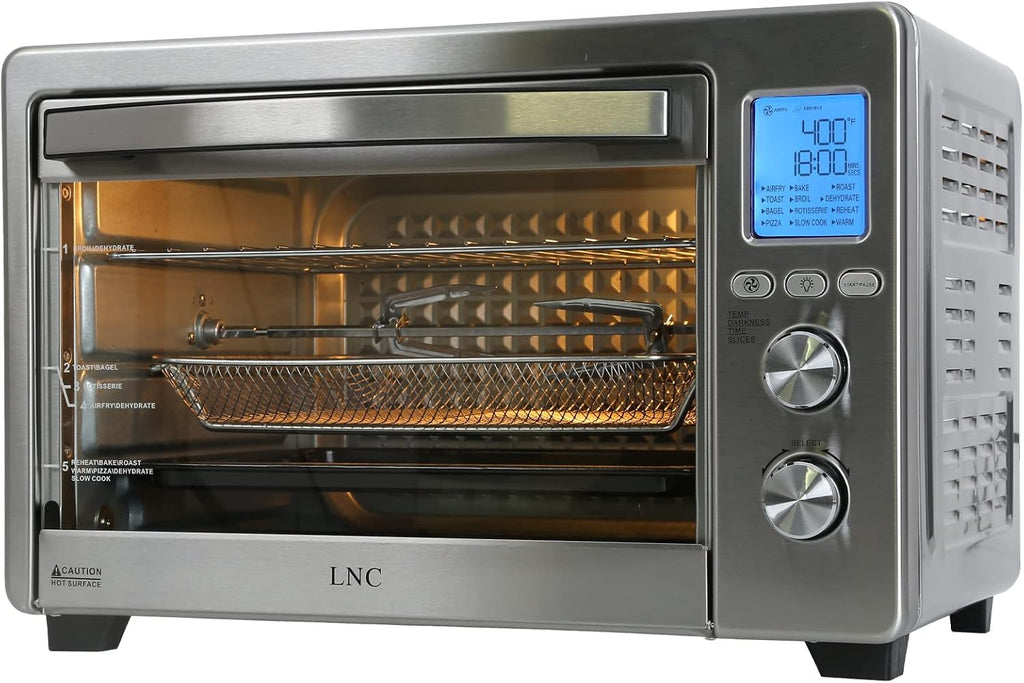 LNC Air Fryer Oven, 34QT Extra Large 1750W Toaster Air Fryer Combo, 12' Pizza Convection Oven Countertop, 12-in-1 with 4 Accessories, Stainless Steel, Silver