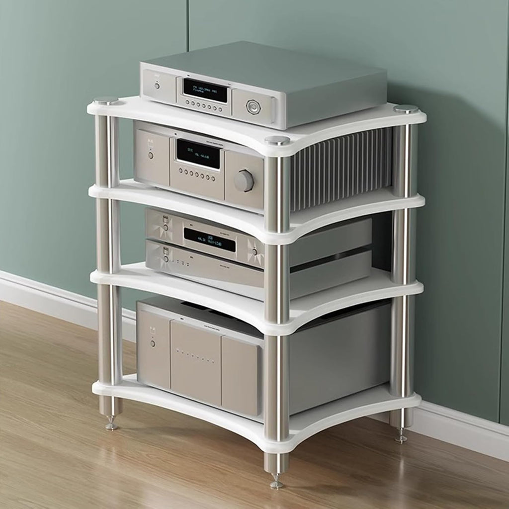 Wood Audio Cabinet Rack, Stereo Record Player AV Media Stand Furniture, Home Audio-Video Equipment Storage Shelving, Rounded Corner Design(White - 4 Tier)