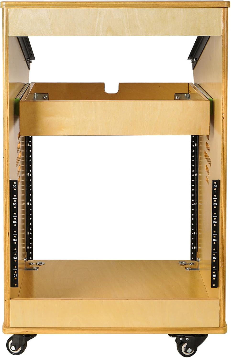 Sound Town DIY Solid Baltic Birch Plywood Studio Rack with 11U Slant Mixer Top, 10U Front, 2U Drawer, Rubber Feet, Casters, Golden Oak (SDRK-M11X10)
