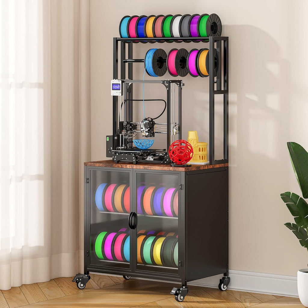 3D Printer Stand with Filament Storage, 29.5' x 18.9' Dustproof and Moisture-Proof Heavy Duty Large 3D Printer Table Cart with 360°Rolling & Cabinet for Workshop Studio Office (Rustic Brown)