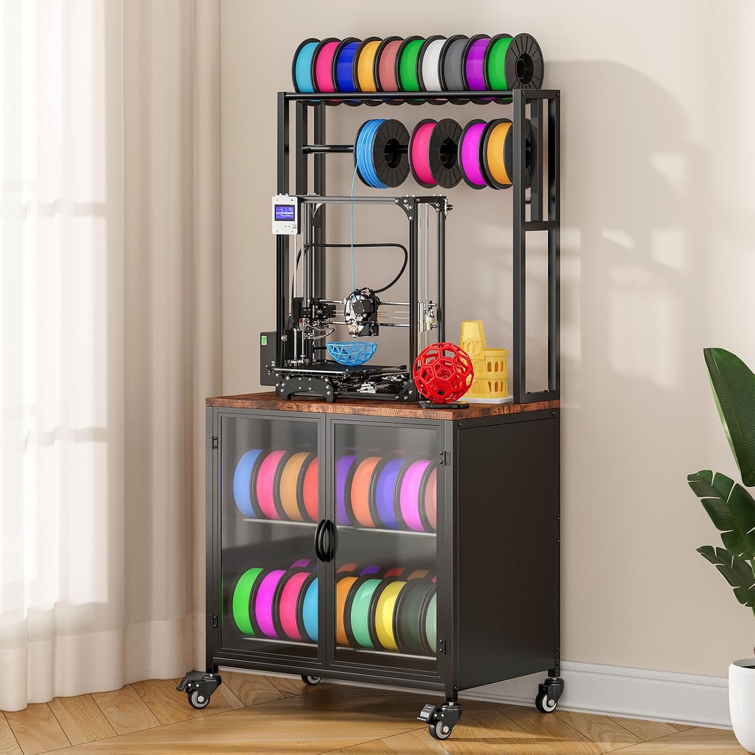 3D Printer Stand with Filament Storage, 29.5' x 18.9' Dustproof and Moisture-Proof Heavy Duty Large 3D Printer Table Cart with 360°Rolling & Cabinet for Workshop Studio Office (Rustic Brown)