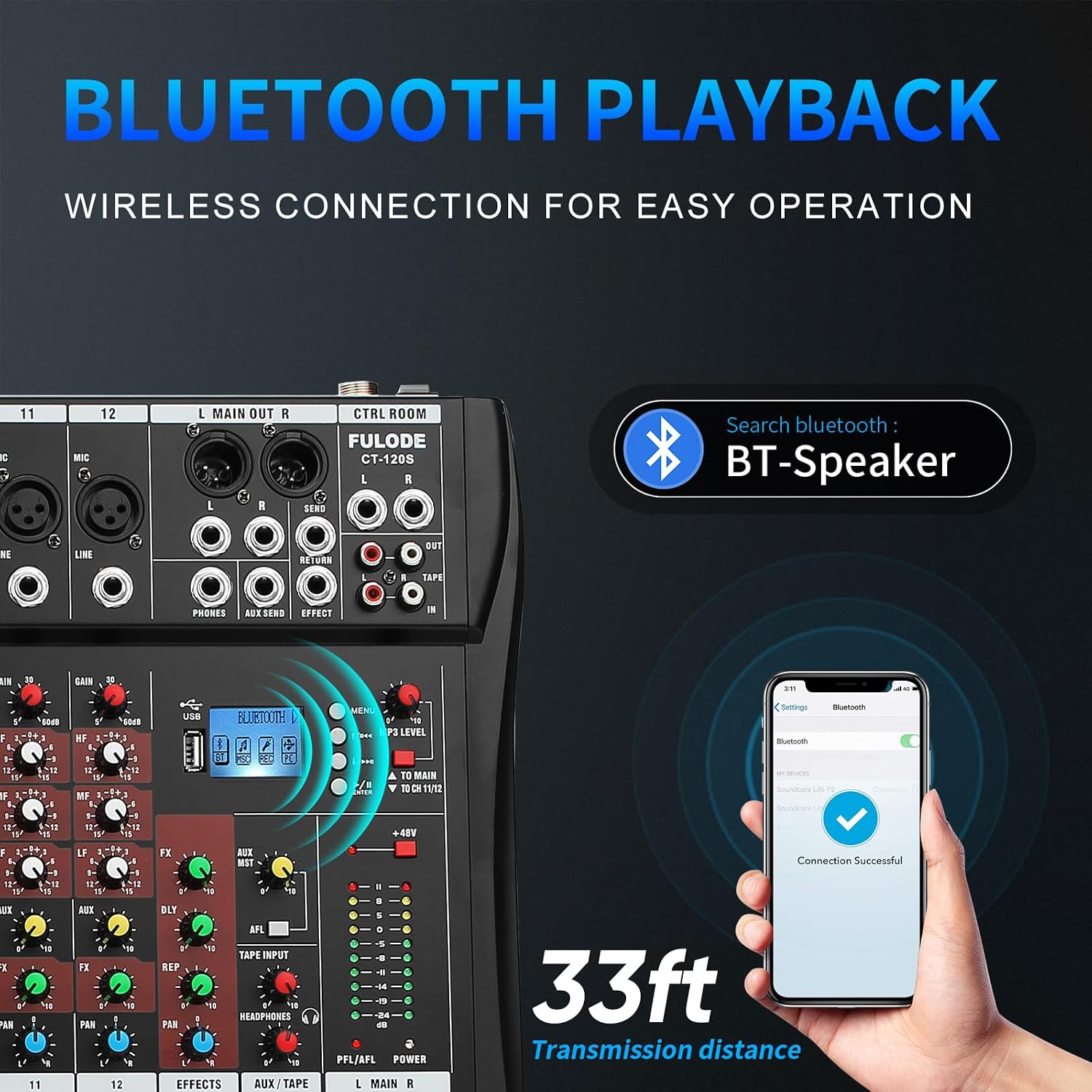FULUODE 12 Channel Mixer Audio Console, CT-120S Professional Music Mixer DJ Mixing Board with Reverb Bluetooth MP3 Player 48V Phantom Power Supply USB Recording for Studio Karaoke Live Performance