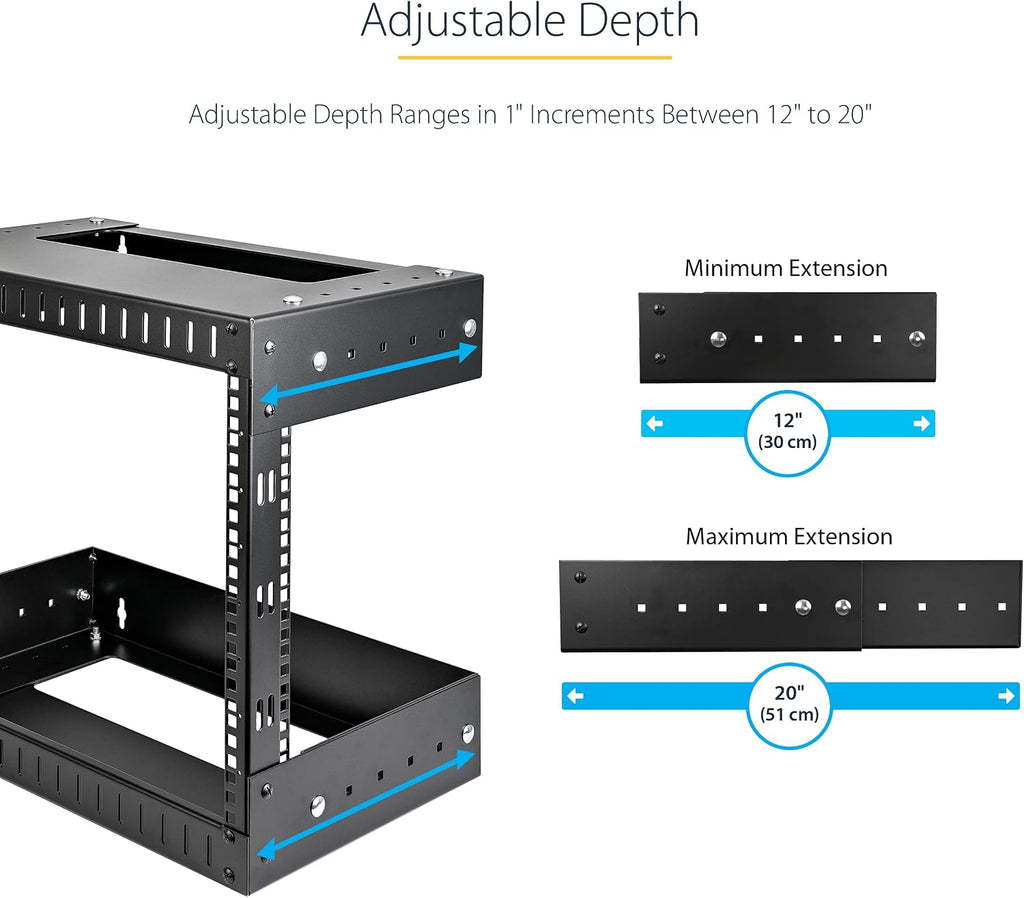 StarTech.com 8U 19' Wall Mount Network Rack - Adjustable Depth 12-20' 2 Post Open Frame Server Room Rack for AV/Data/ IT Communication/Computer Equipment/Switch w/Cage Nuts & Screws (RK812WALLOA)